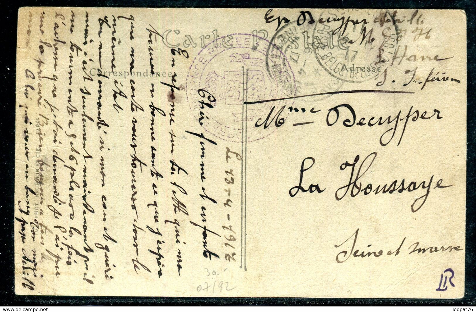 Belgique - Cachet De Correspondance Privée Armée Belge Sur Carte Postale En Fm Du Havre En 1917- Réf M 40 - Belgische Armee