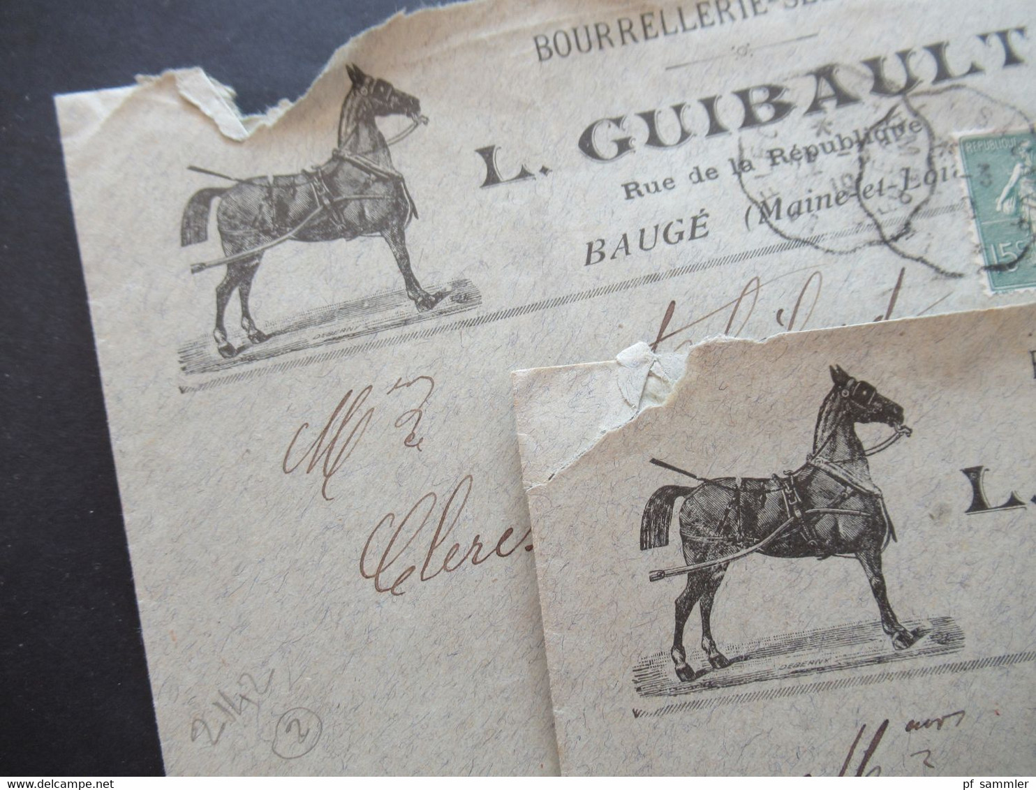 Frankreich 1919 Dekorative Umschläge Pferde / Bourrellerie Sellerie L. Guibault BAUGÉ Maine Et Loire - Lettres & Documents