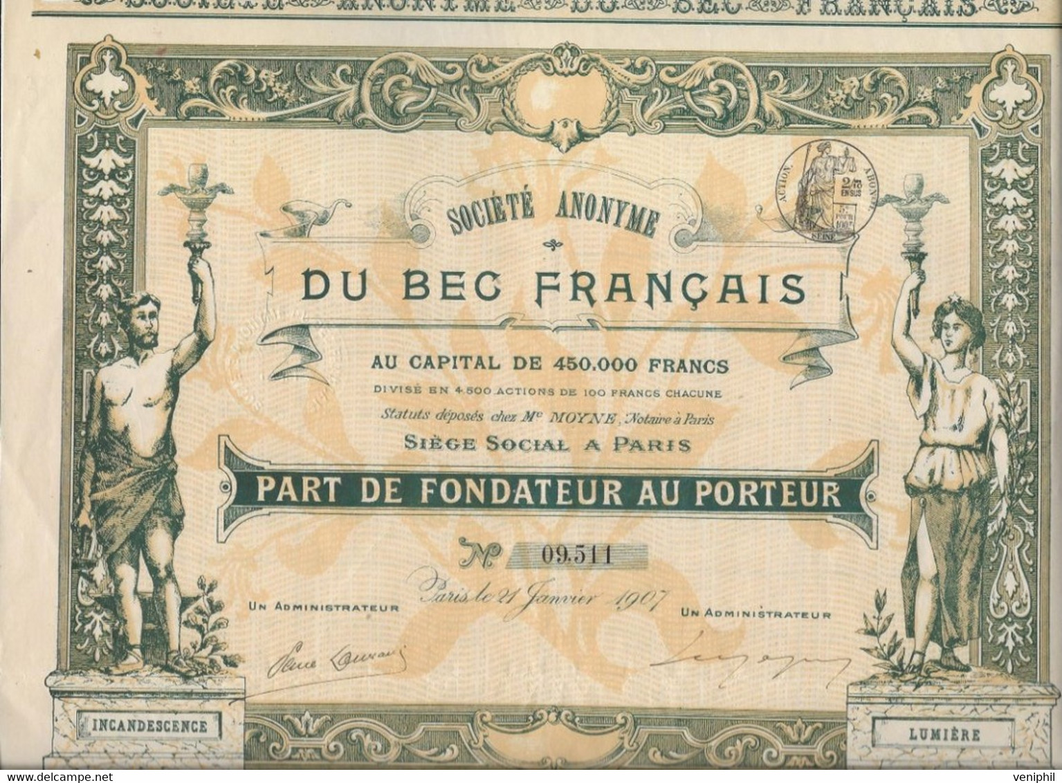 SOCIETE DU BEC FRANCAIS -PART DE FONDATEUR -BELLE ILLUSTRATION - ANNEE 1907 - Elettricità & Gas