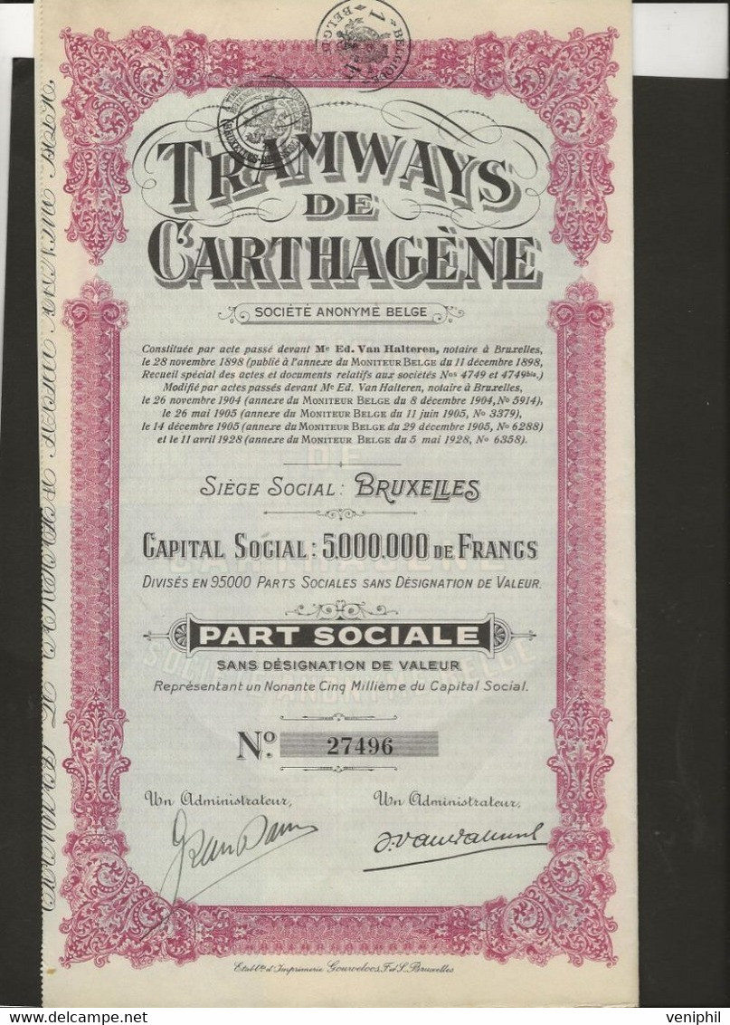 TRAMWAYS DE CARTHAGENE -ESPAGNE-PART SOCIALE -1928 - Chemin De Fer & Tramway