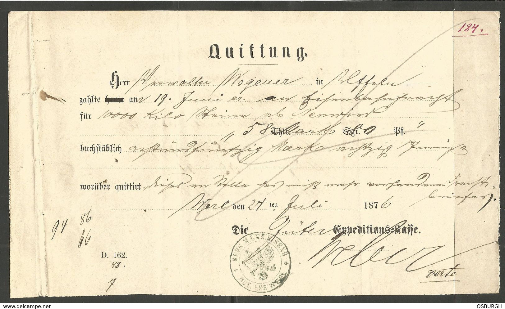 GERMANY. 1876. WERL. MONATARY RECEIPT FORM. USED. - 1800 – 1899