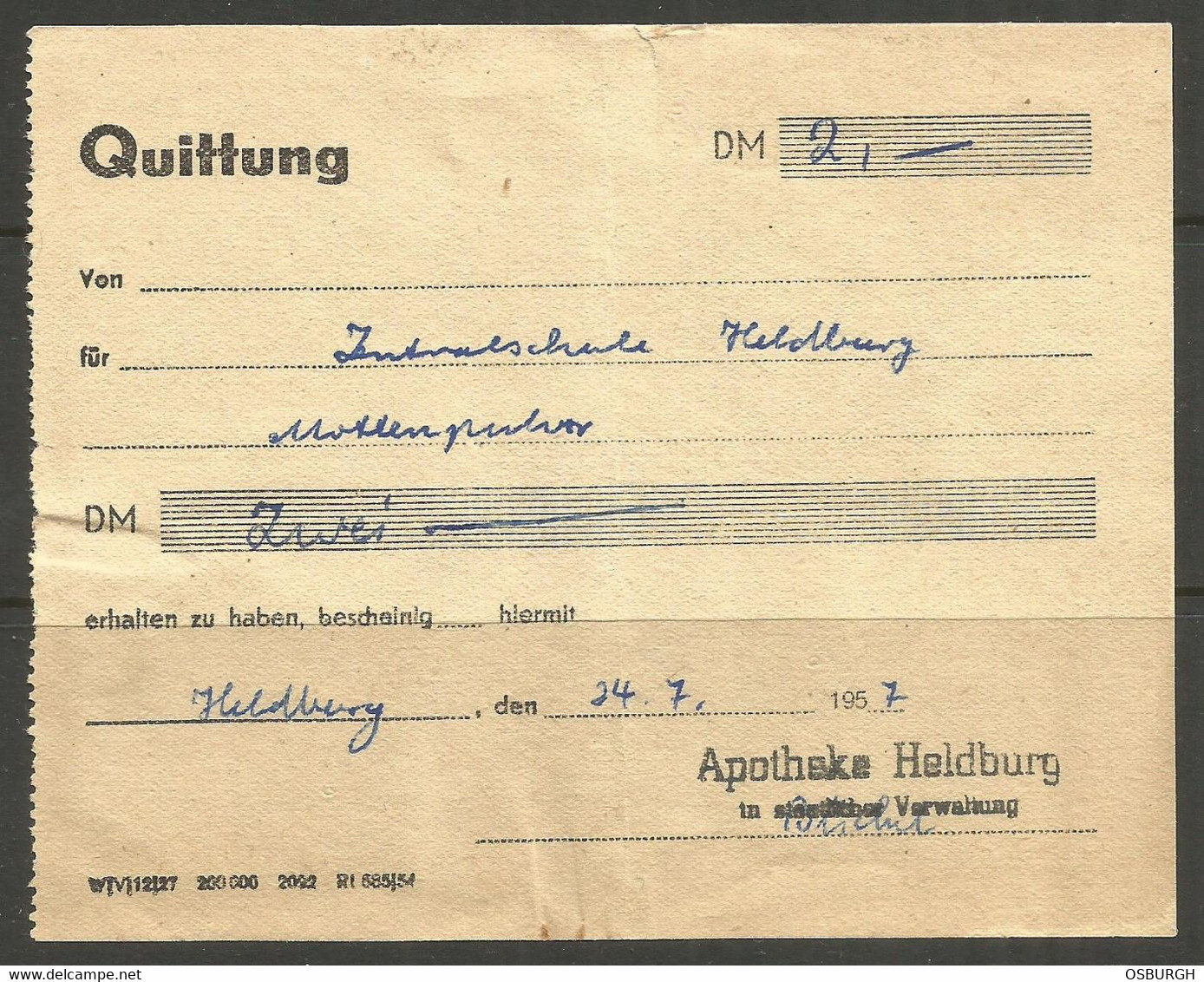 GERMANY. 1957. RECEIPT. HELDBURG APOTHOCARY. - 1950 - ...