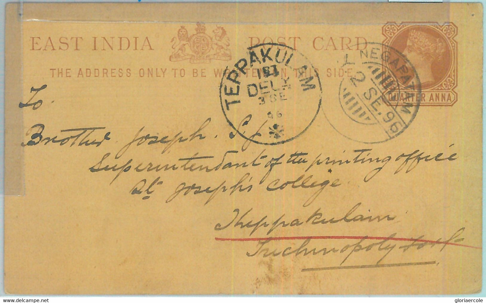 86300 - INDIA - POSTAL HISTORY - STATIONERY CARD:  NEGAPATAM To TEPPAKULAM  1896 - ...-1852 Vorphilatelie