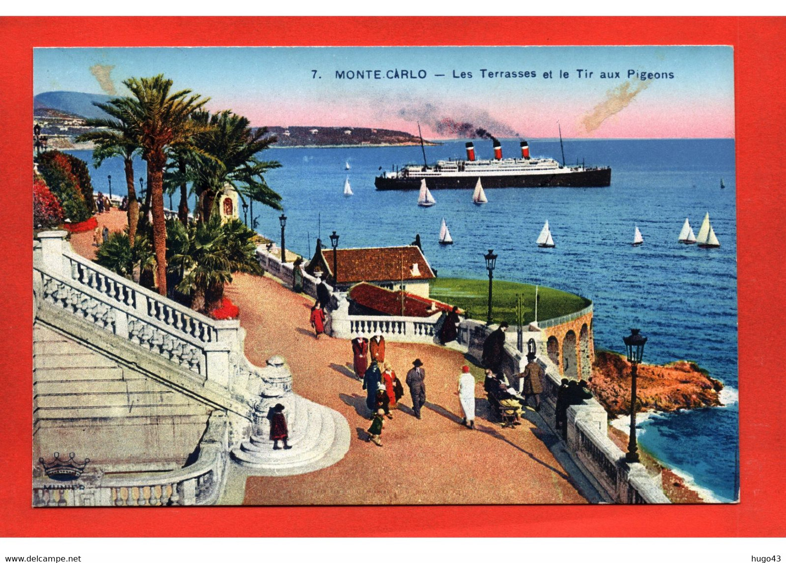 (RECTO / VERSO) MONTE CARLO - N° 7 - LES TERRASSES ET LE TIR AUX PIGEONS - PAQUEBOT -  CPA COULEUR NON VOYAGEE - Terraces