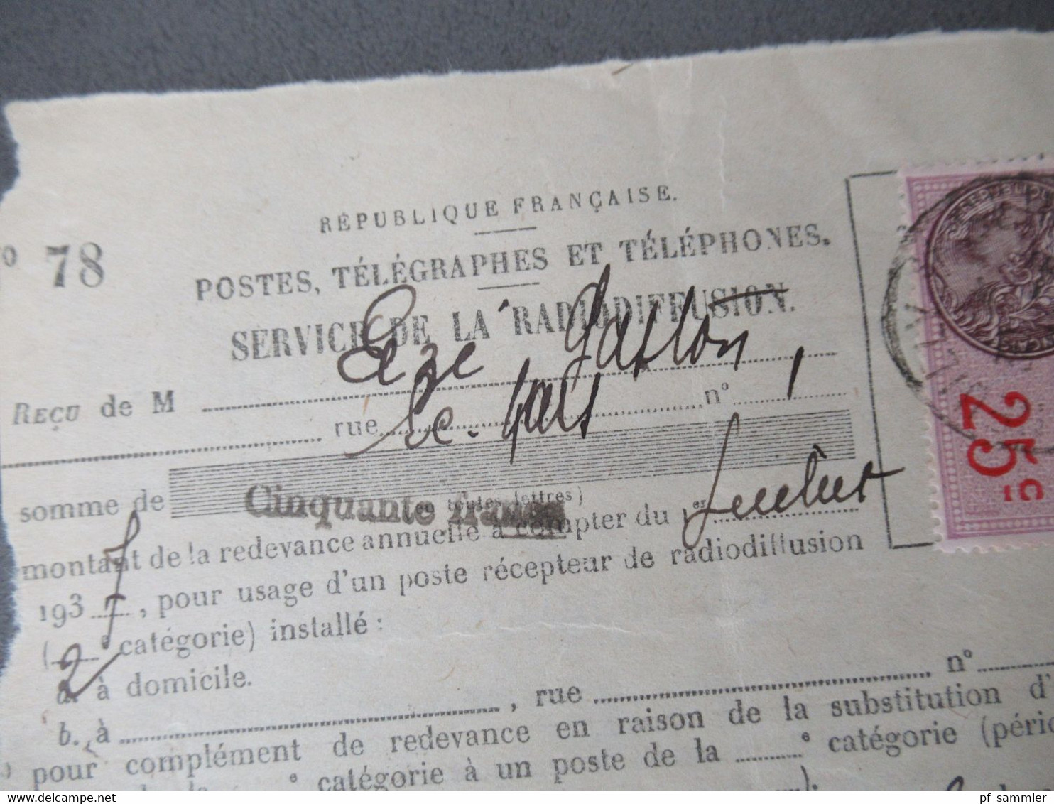 Frankreich 1937 Fiskalmarken / Steuermarken / Revenue / Timbre Fiscal Aufdruck DA POstes Telegraphes Et Telephones - Sonstige & Ohne Zuordnung