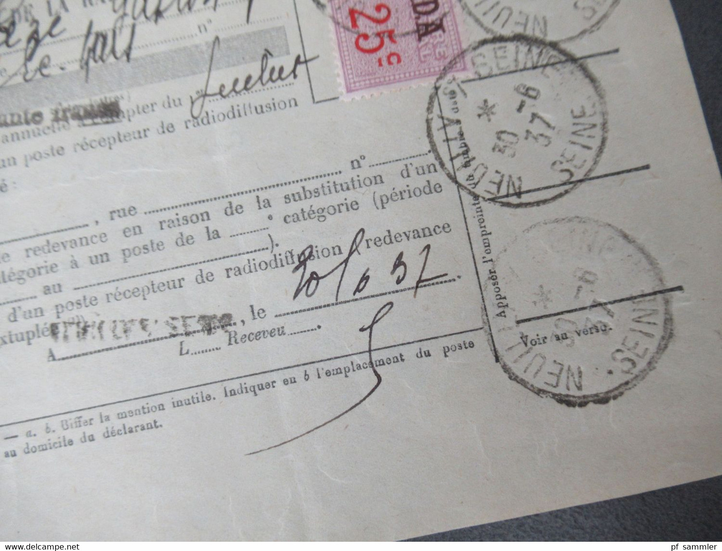 Frankreich 1937 Fiskalmarken / Steuermarken / Revenue / Timbre Fiscal Aufdruck DA POstes Telegraphes Et Telephones - Autres & Non Classés