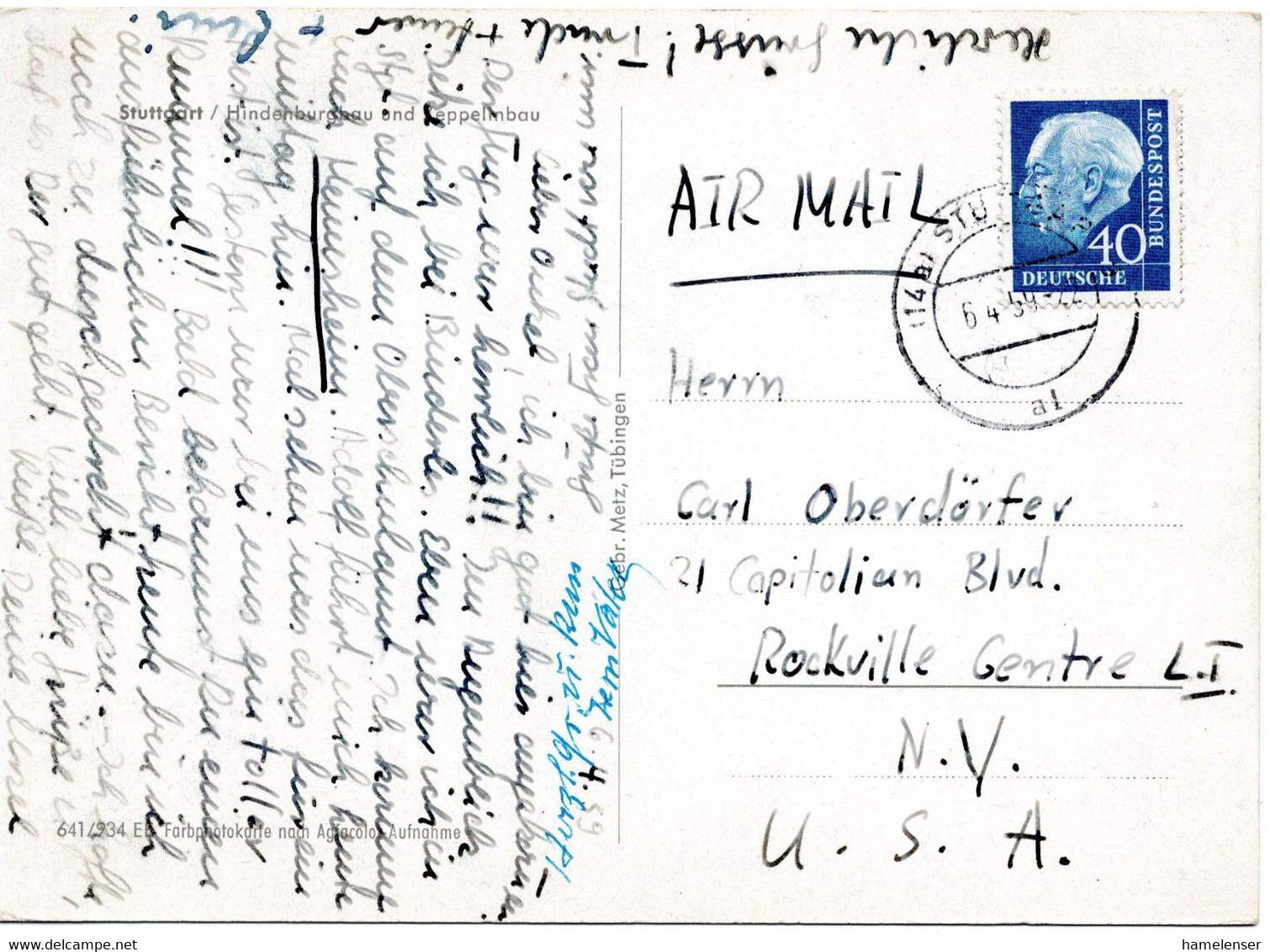 57166 - Bund - 1959 - 40Pfg. Heuss II EF A LpAnsKte STUTTGART -> Rockville, NY (USA) - Cartas & Documentos