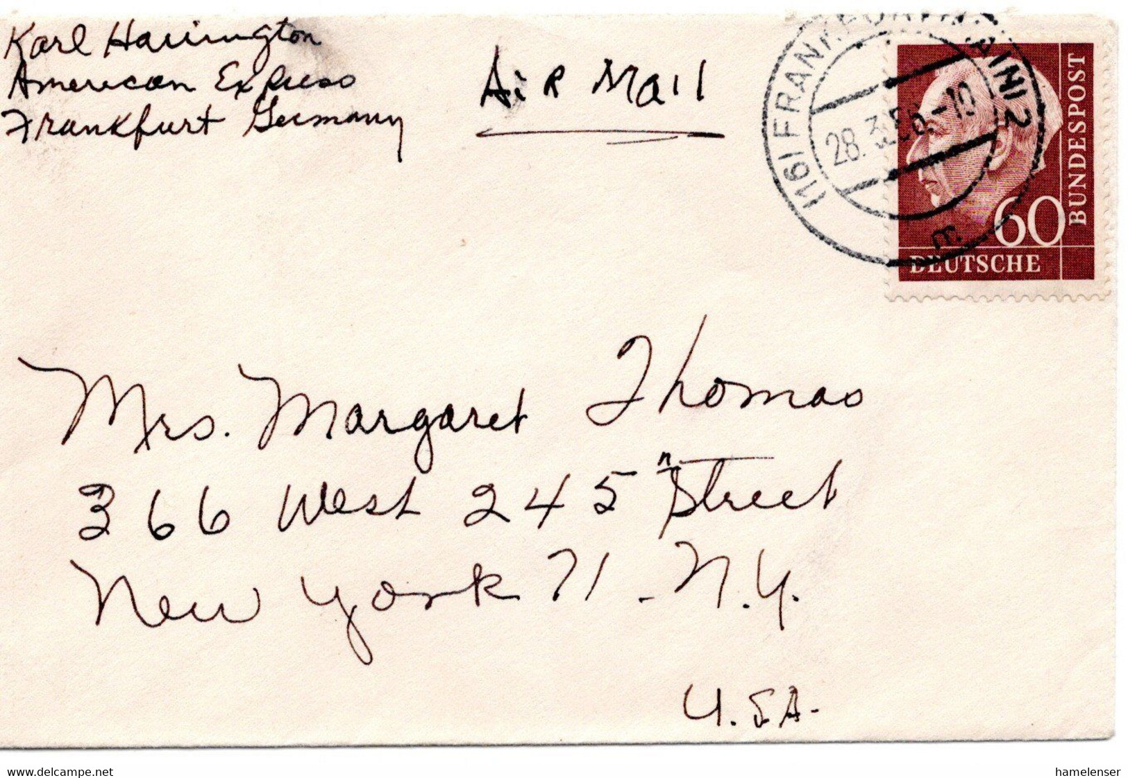 57174 - Bund - 1956 - 60Pfg. Heuss I EF A LpBf FRANKFURT -> New York, NY (USA) - Cartas & Documentos