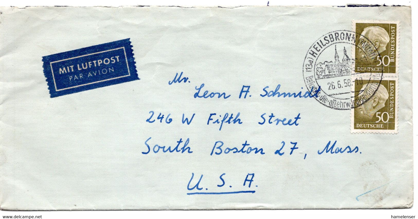 57178 - Bund - 1958 - 2@50Pfg. Heuss II A LpBf HEILSBRONN -> Boston, MA (USA) - Lettres & Documents