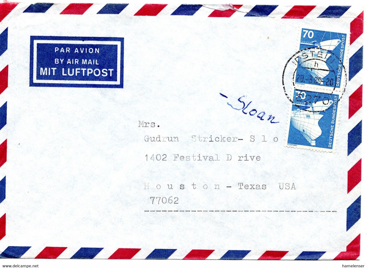 57184 - Bund - 1988 - 2@70Pfg. I&T A LpBf IDSTEIN -> Houston, TX (USA) - Lettres & Documents