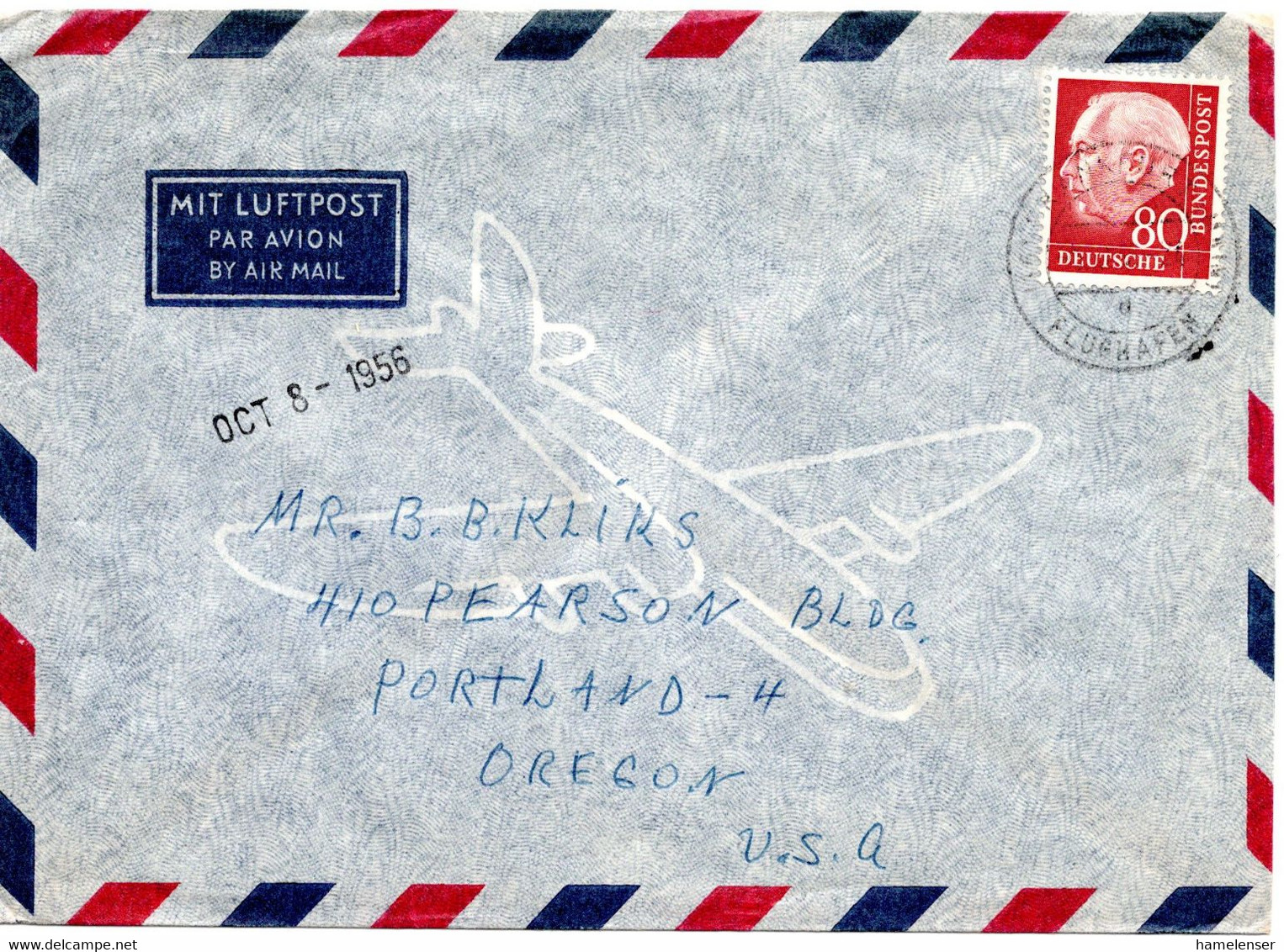 57187 - Bund - 1958 - 80Pfg. Heuss I EF A LpBf FRANKFURT FLUGHAFEN -> Portland, OR (USA) - Lettres & Documents