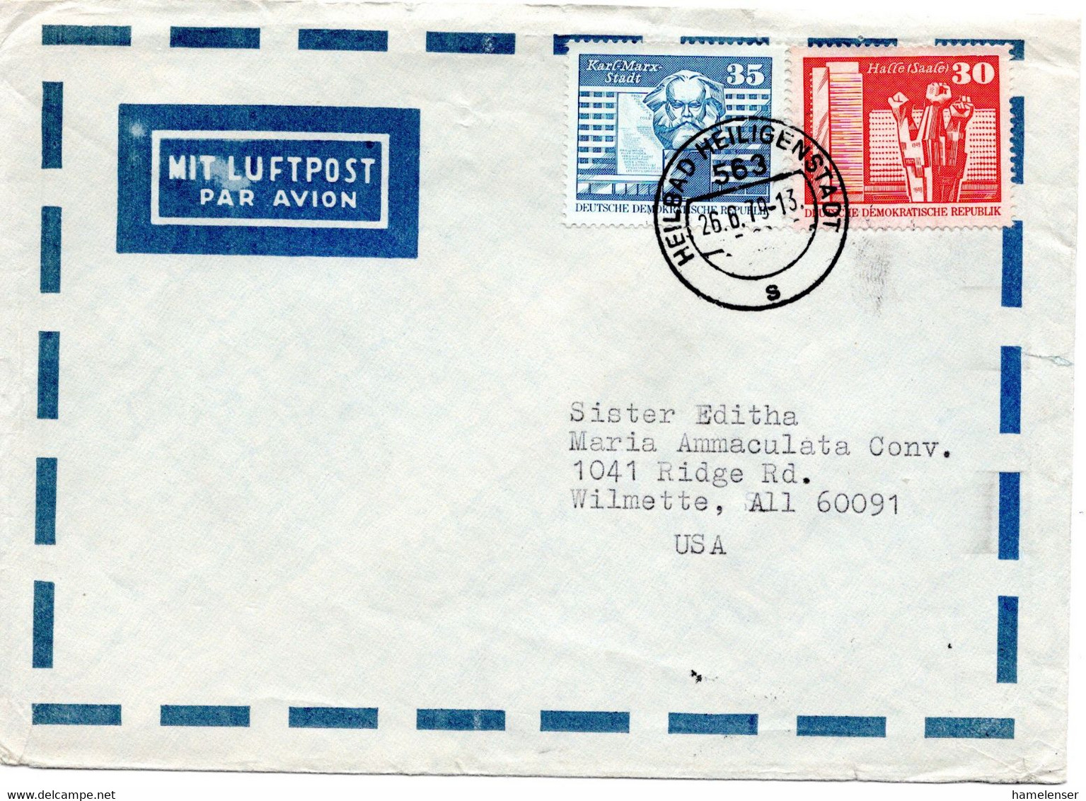 57191 - DDR - 1979 - 30Pfg Gr.Bauten MiF A LpBf HEILBAD HEILIGENSTADT -> Wilmette, IL (USA) - Briefe U. Dokumente