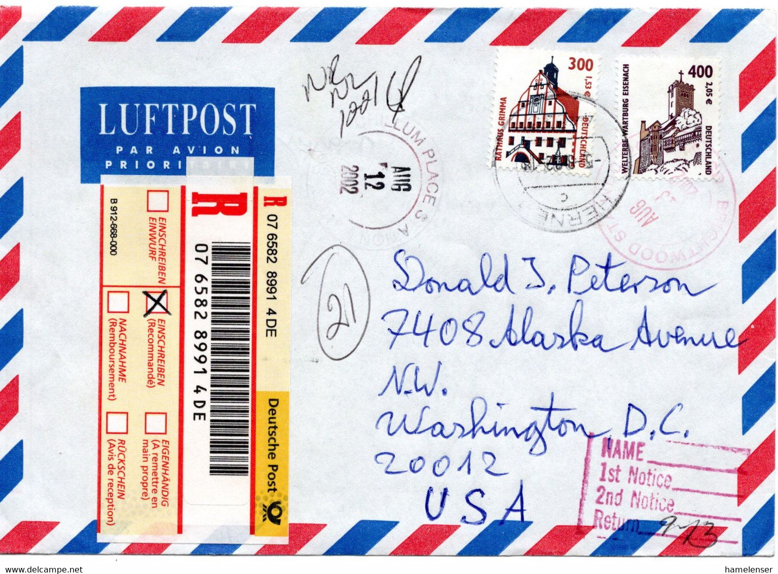 57216 - Bund - 2002 - €2,05 SWK Doppelnom. MiF A R-LpBf HERNE -> BRIGHTWOOD STATION, DC (USA) - Briefe U. Dokumente