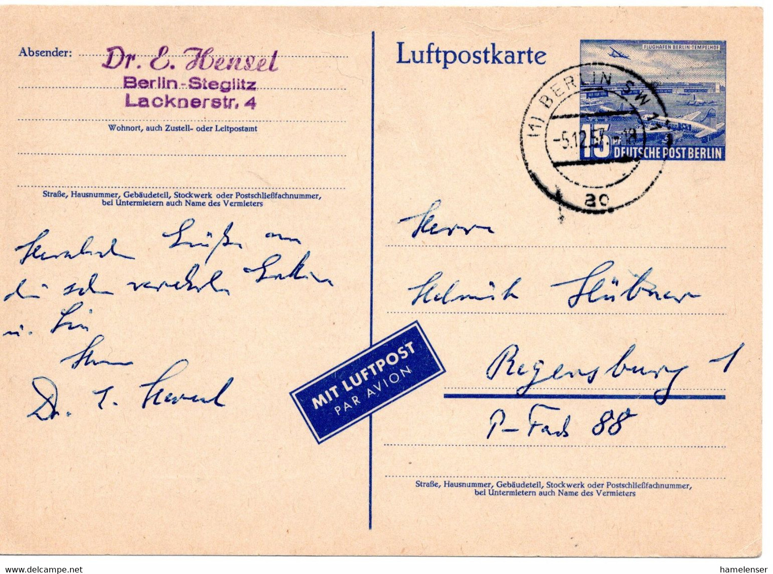 57223 - Berlin - 1957 - 15Pfg. GA-LpKte. BERLIN -> Regensburg - Brieven En Documenten