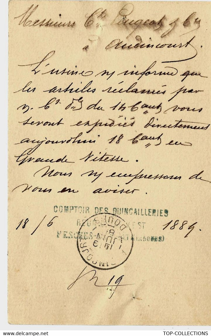 CONVOYEUR DELLE à MONTBELIARD 1884 TYPE I SUR EP SAGE 10c. Pour CIE PEUGEOT AUDINCOURT B.E.V.SCANS - 1877-1920: Période Semi Moderne