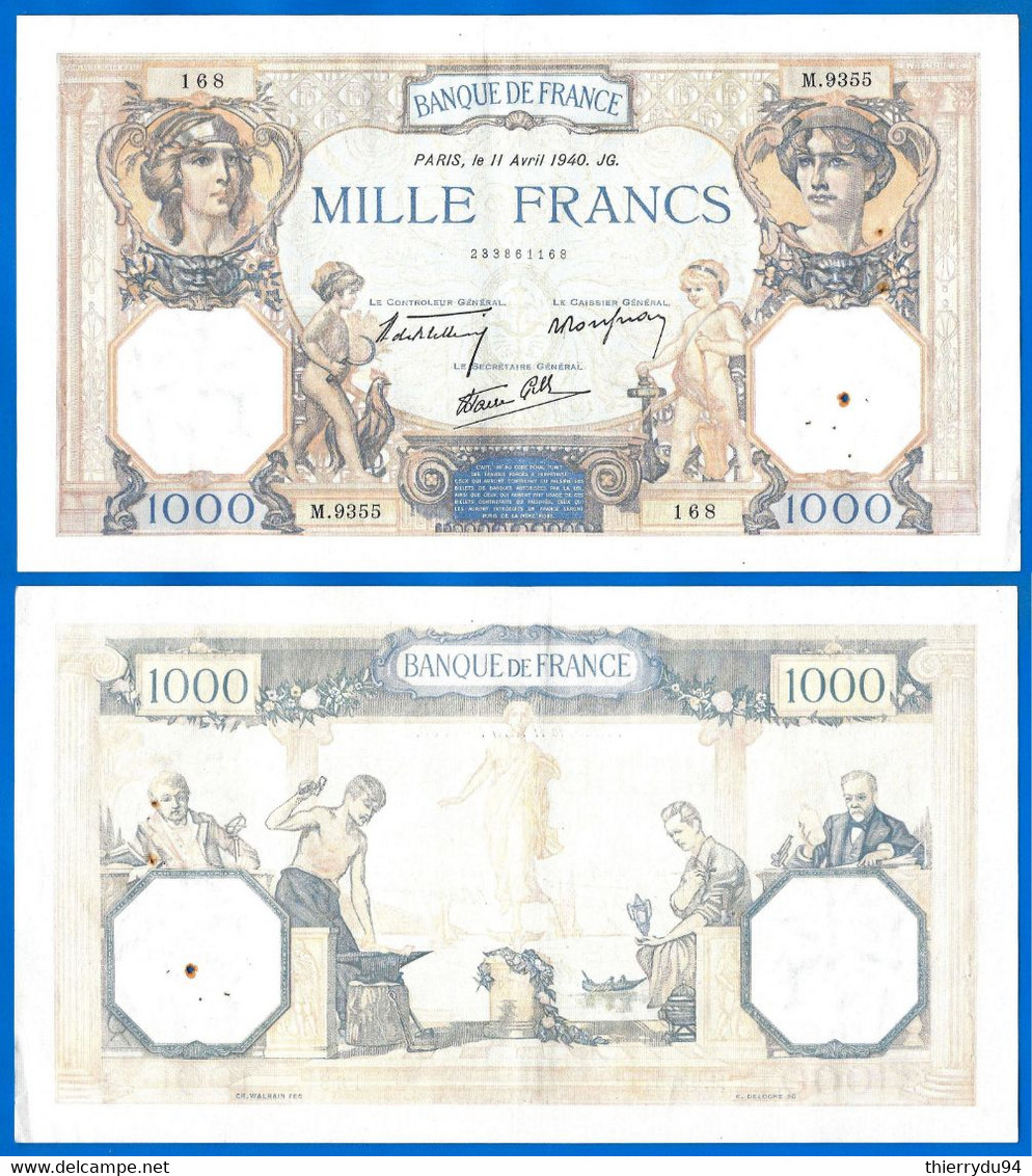 France 1000 Francs 1940 11 Avril Prefix M Ceres Mercure Que Prix + Port Grand Billet Frcs Frc Paypal Bitcoin OK - 1 000 F 1927-1940 ''Cérès Et Mercure''