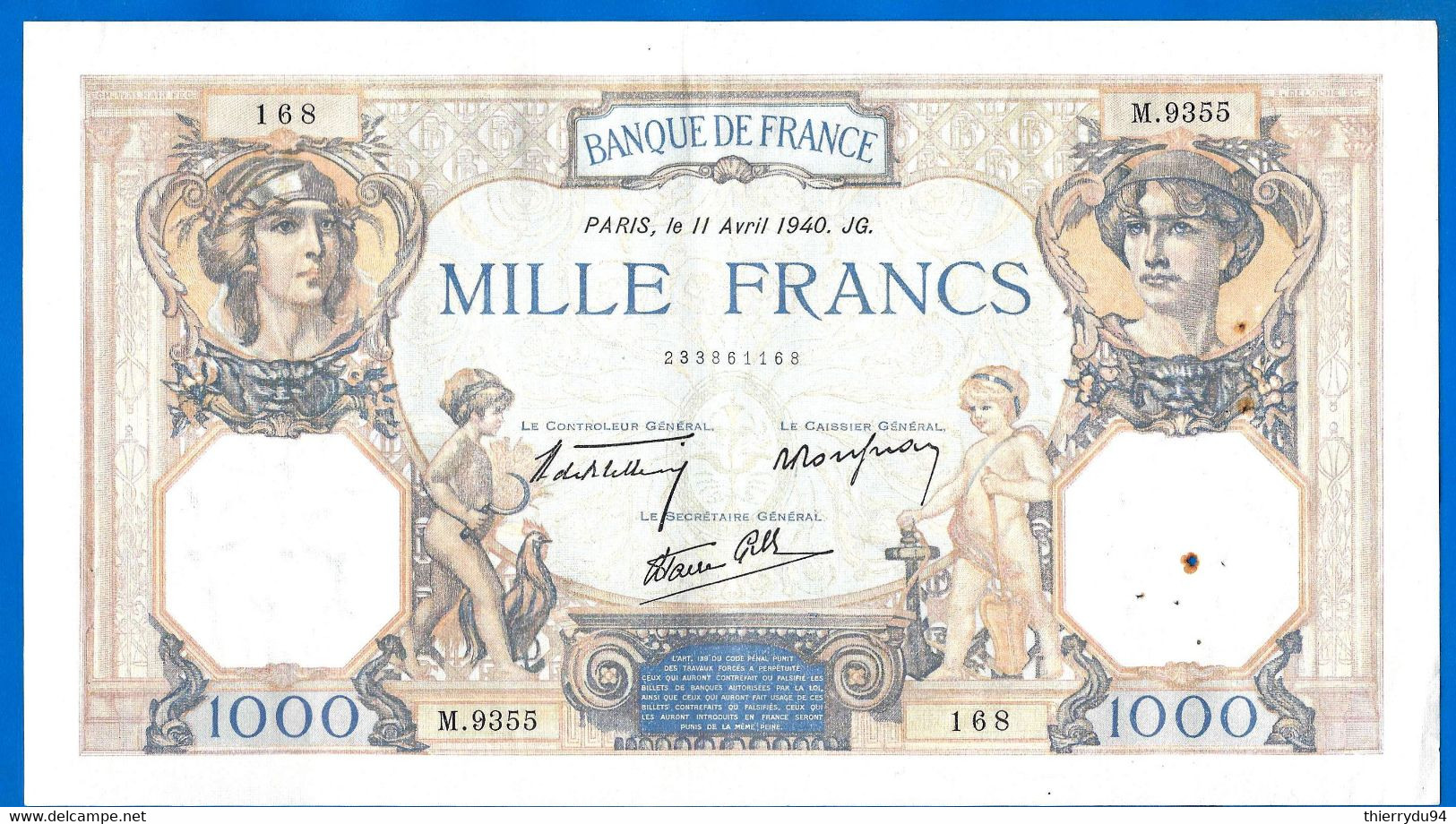 France 1000 Francs 1940 11 Avril Prefix M Ceres Mercure Que Prix + Port Grand Billet Frcs Frc Paypal Bitcoin OK - 1 000 F 1927-1940 ''Cérès Et Mercure''