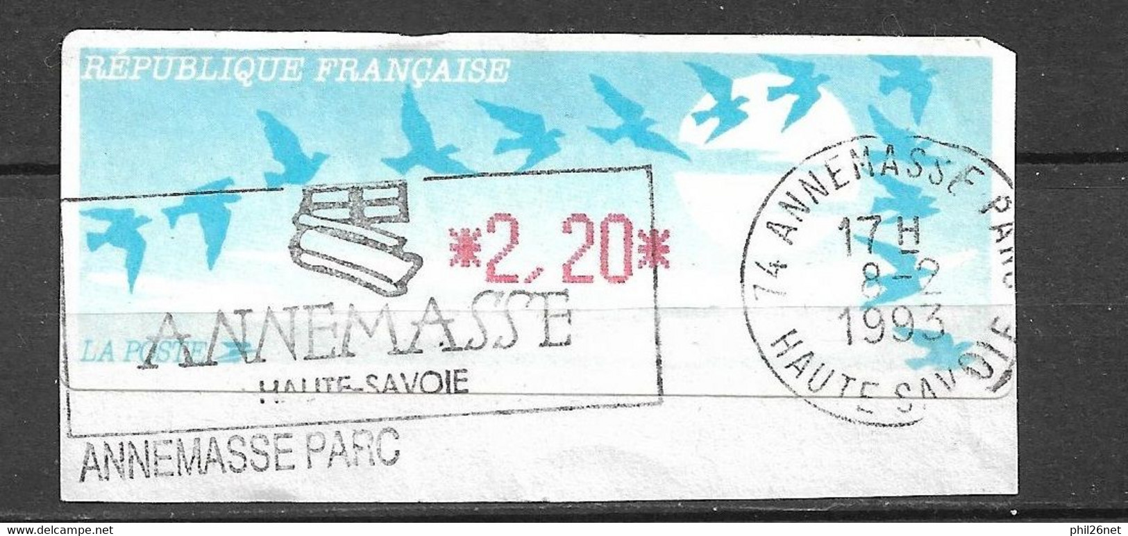 Vignette D'affranchissement 2,20 F Oiseaux De Jubert Flamme Illustrée Annemasse Le 8/2/1993 B/TB Voir Scan  - 1990 « Oiseaux De Jubert »