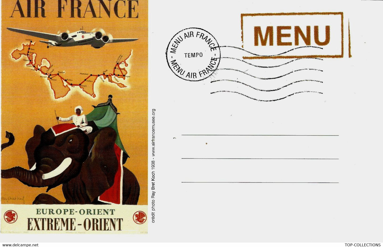 MENU AIR France EUROPE ORIENT EXTREME ORIENT  CACHET POSTAL "MENU AIR FRANCE"B.E.V.SCANS - Menükarten