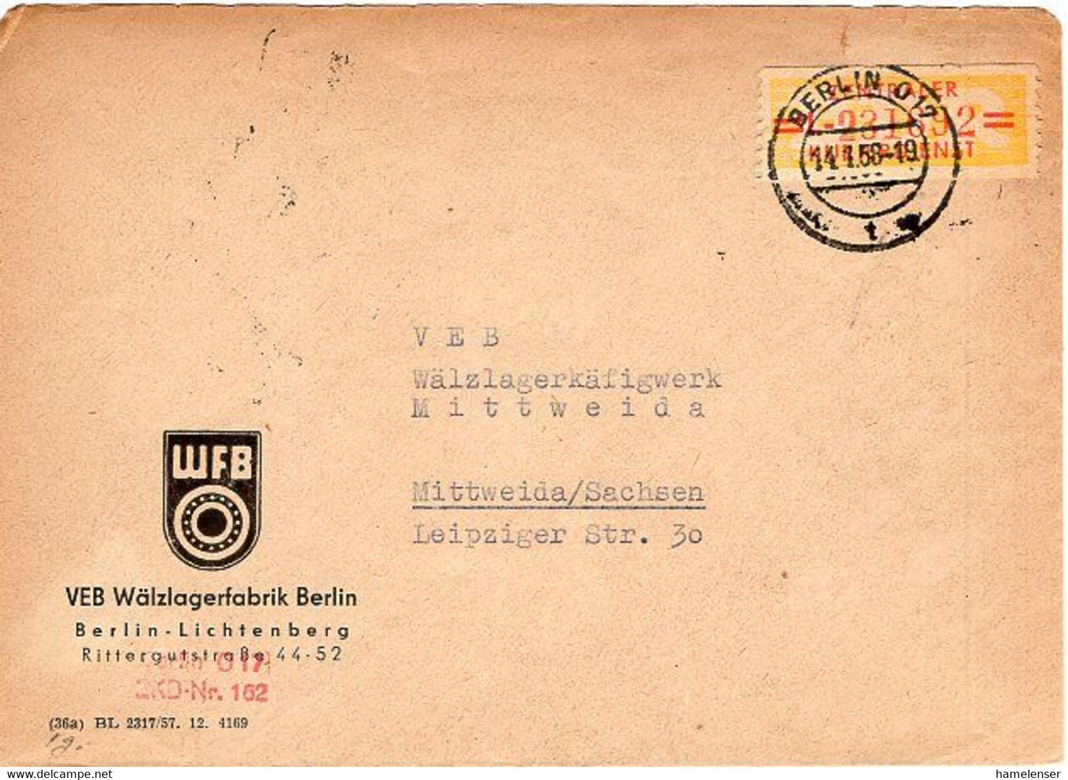 51461 - DDR - 1958 - 20Pfg ZKD "L" EF A Bf BERLIN -> MITTWEIDA - Sonstige & Ohne Zuordnung