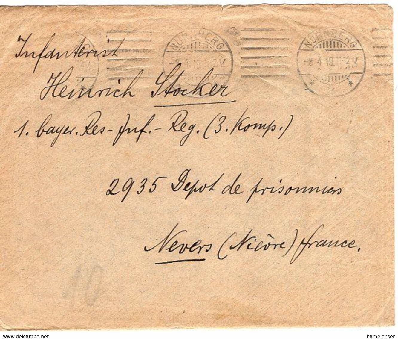 51463 - Deutsches Reich - 1919 - Kriegsgef.-Bf. NUERNBERG -> Nevers (Frankreich) - Covers & Documents