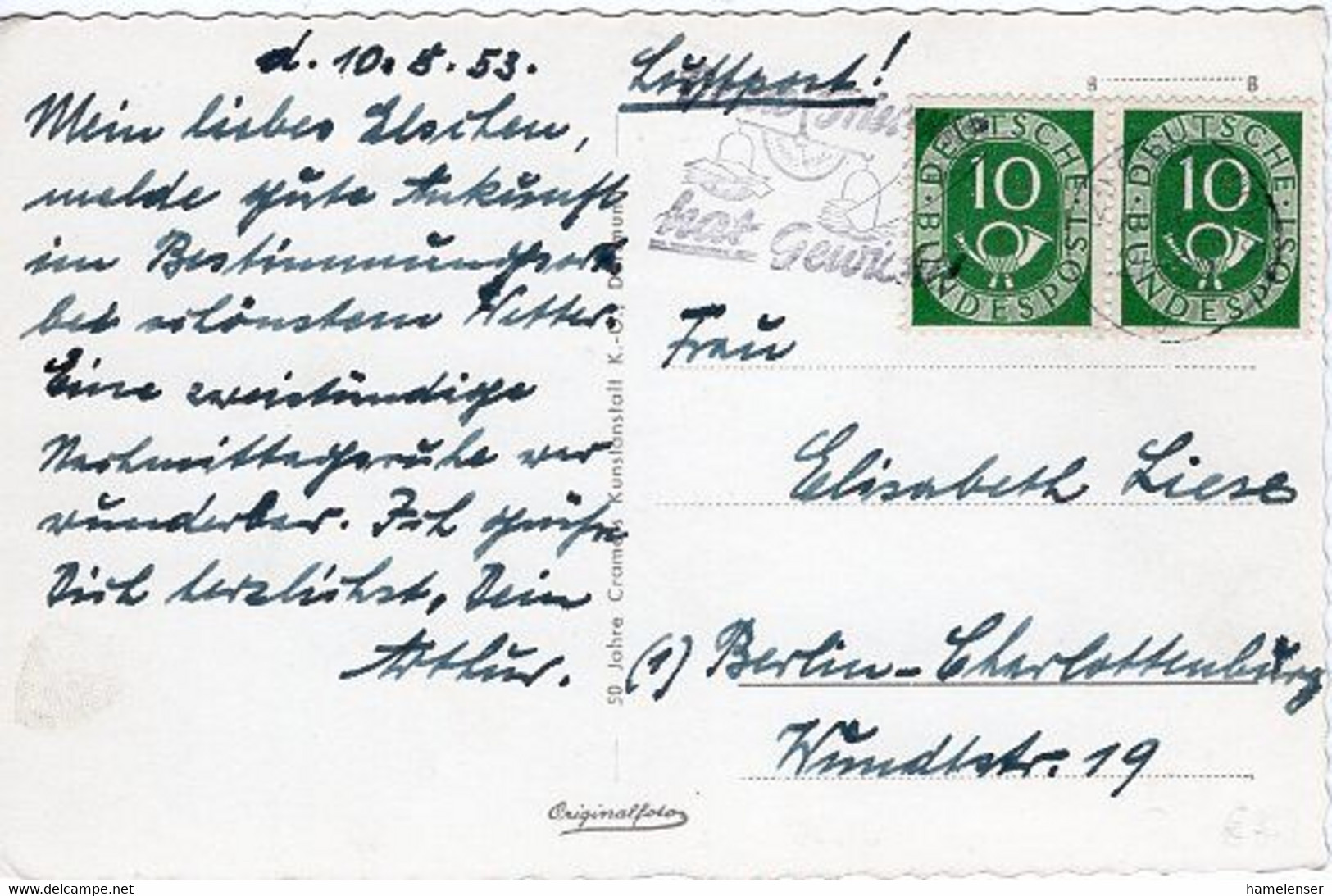 51464 - Bund - 1953 - 10Pfg. Posthorn Waag. Paar A LpAnsKte OSNABRUECK - DEINE STIMME HAT GEWICHT -> Berlin - Storia Postale