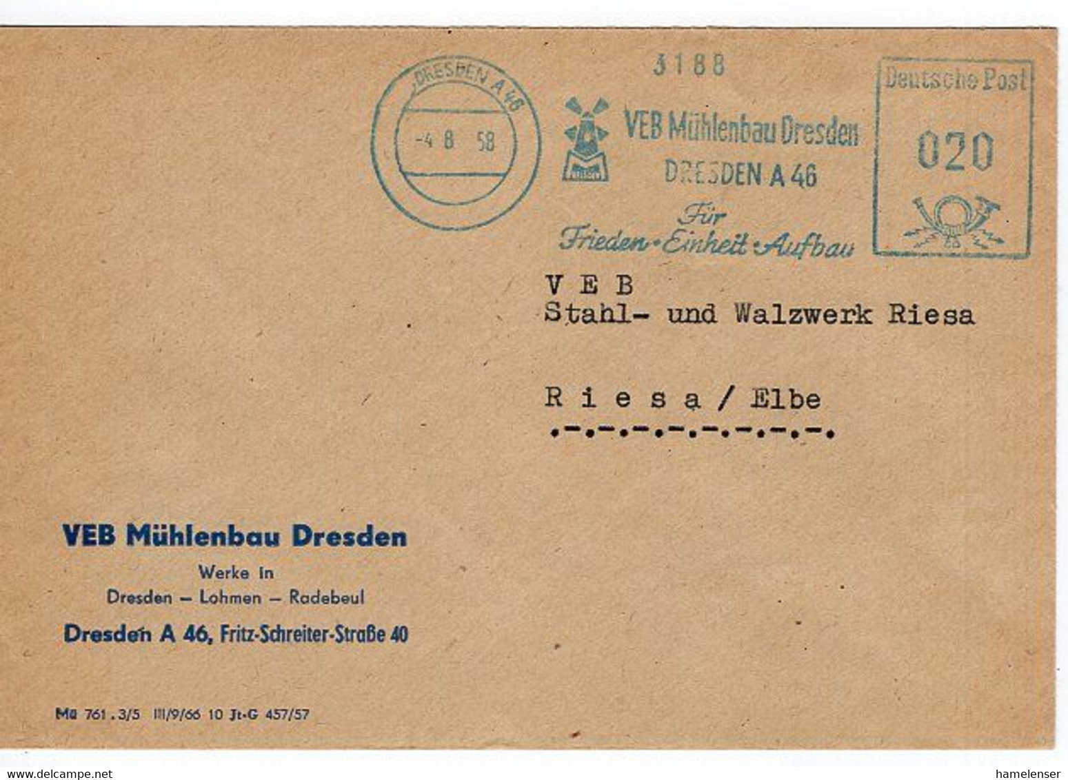 51471 - DDR - 1958 - 20Pfg. Blauer AbsFreistpl A Bf DRESDEN - VEB MUEHLENBAU DRESDEN -> Riesa - Mühlen