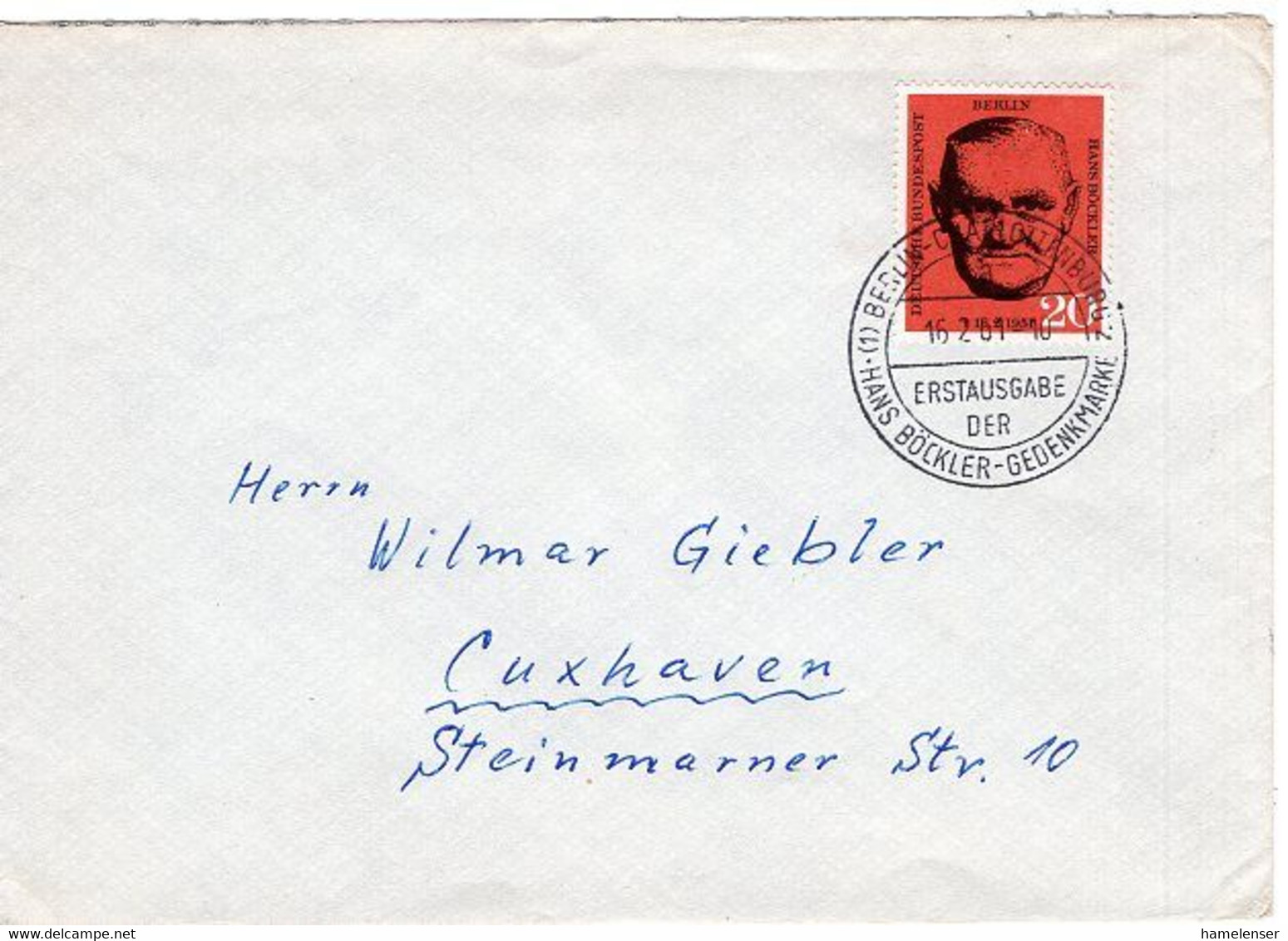 51478 - Berlin - 1961 - 20Pfg. Boeckler EF A FDC BERLIN - HANS-BOECKLER ... -> Cuxhaven - Lettres & Documents