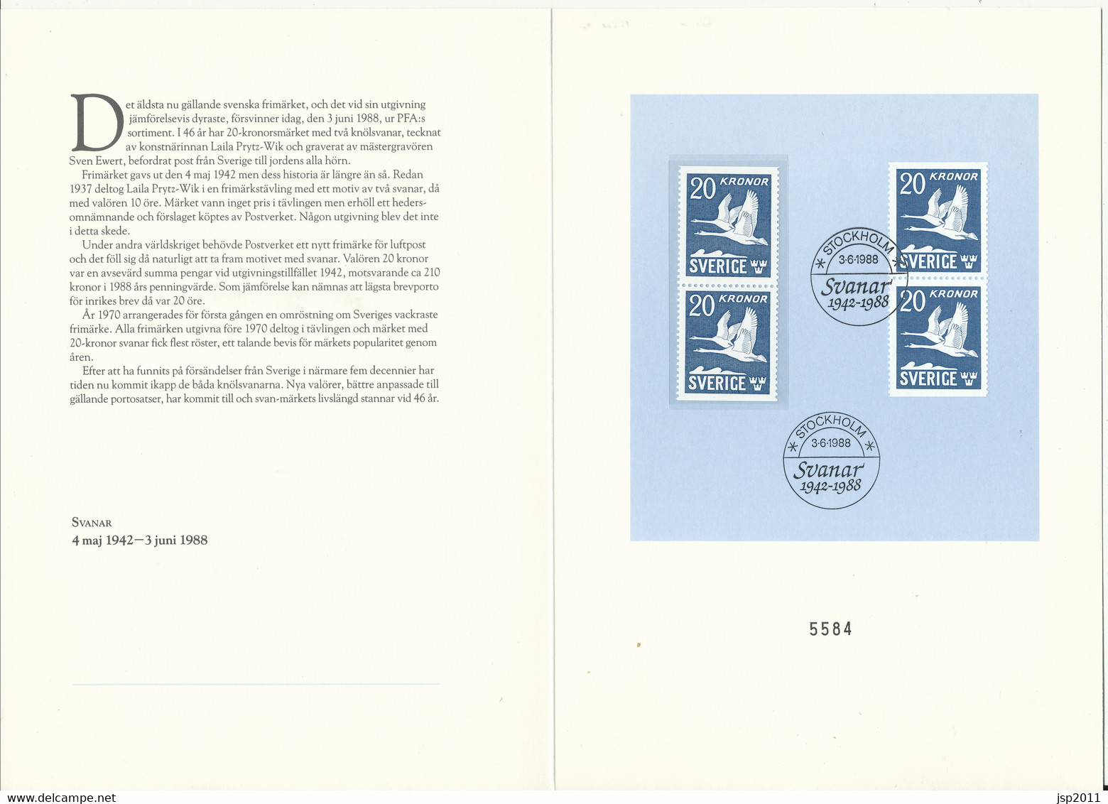 Sweden 1988. Special Numbered Edition Swans 4-may 1942 To 3 June 1988 See Descrition. MNH(**) - Essais & Réimpressions