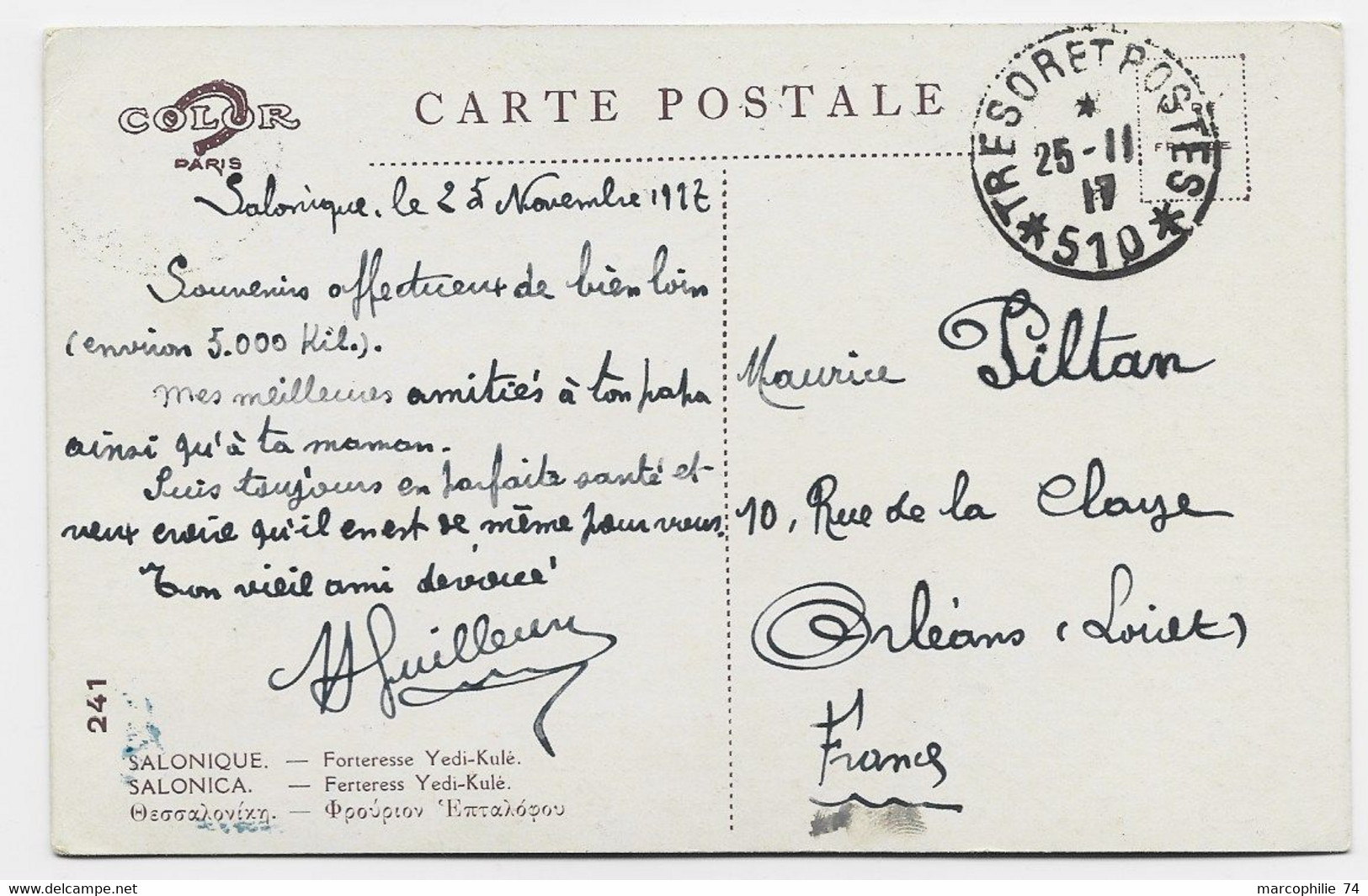 GRECE 1A AU RECTO CARTE SALONIQUE + TRESOR ET POSTES 25.11.1917 *510* - Covers & Documents