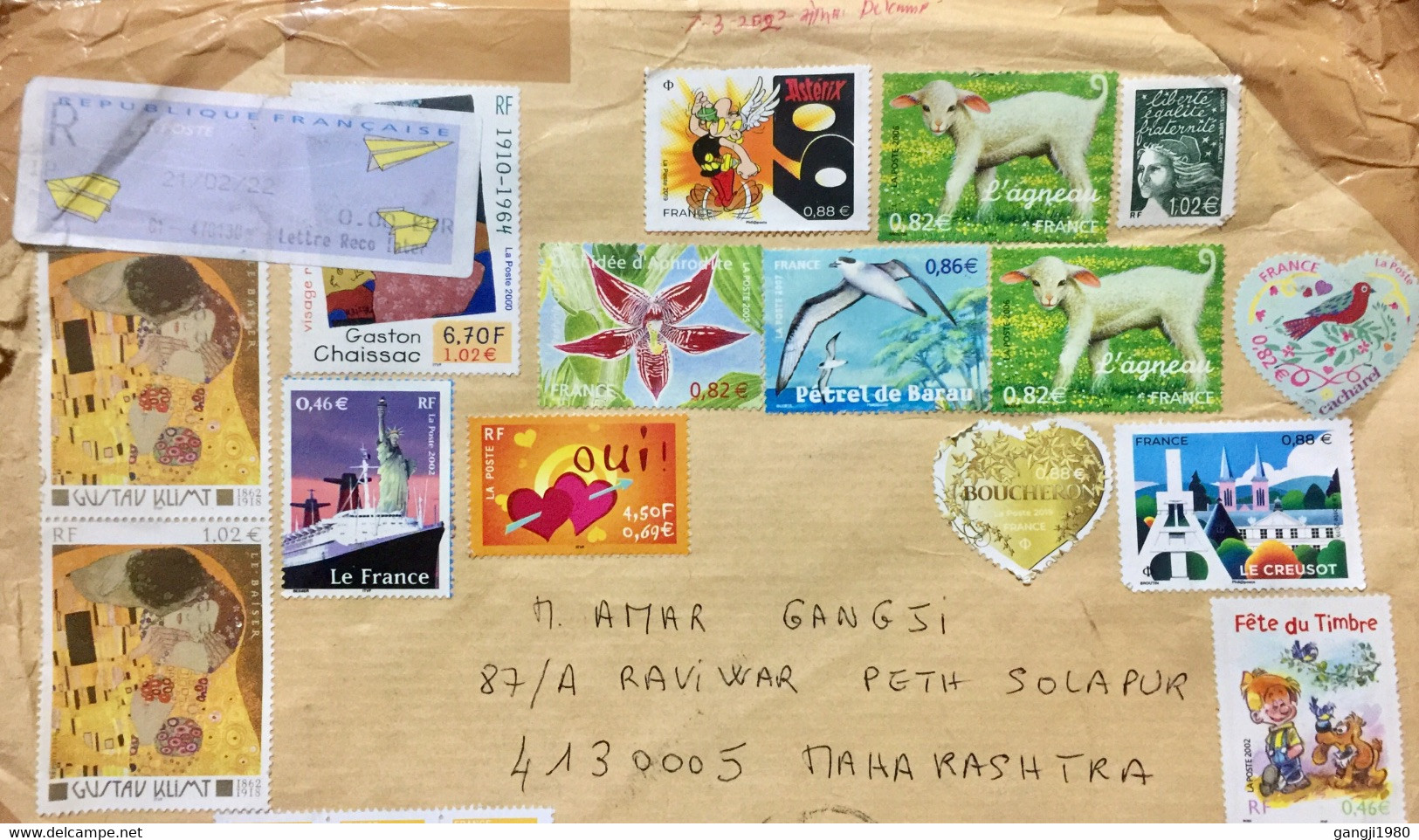 FRANCE 2022,REGISTERED AIRMAIL COVER TO INDIA 18 STAMPS FACE VALUE THAN 12 € BIRD,LAMB,QUEEN,FLOWER,LOVER ,SHIP,HEART ,L - Covers & Documents