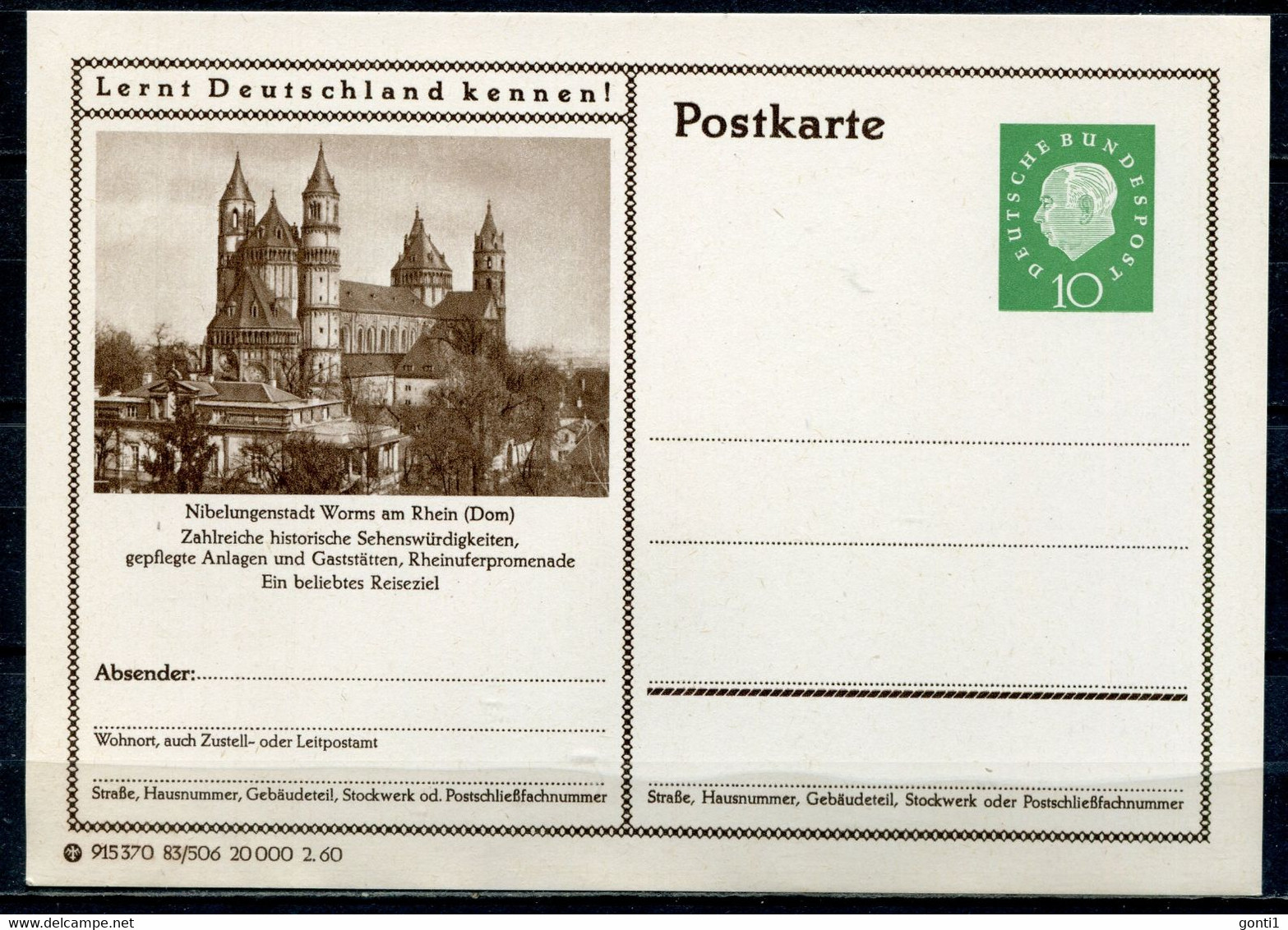 Germany,1959 GS Mi.Nr.P42/83/506 Heuss II Medaillon"Lernt Deutschland Kennen!-Worms-Dom ."1 GS Blanco - Illustrated Postcards - Mint