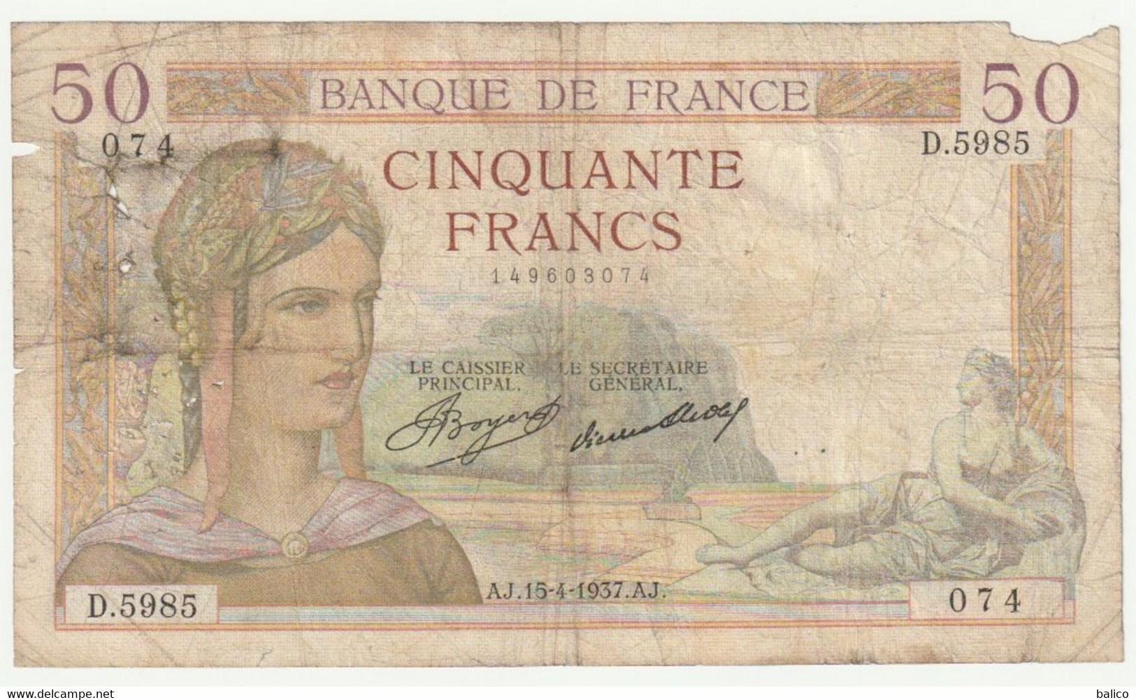 France - Billet De 50 Francs Cérès   Du  15 - 4 - 1937 - N°  D.5985-074  (dans L'état) - 50 F 1934-1940 ''Cérès''