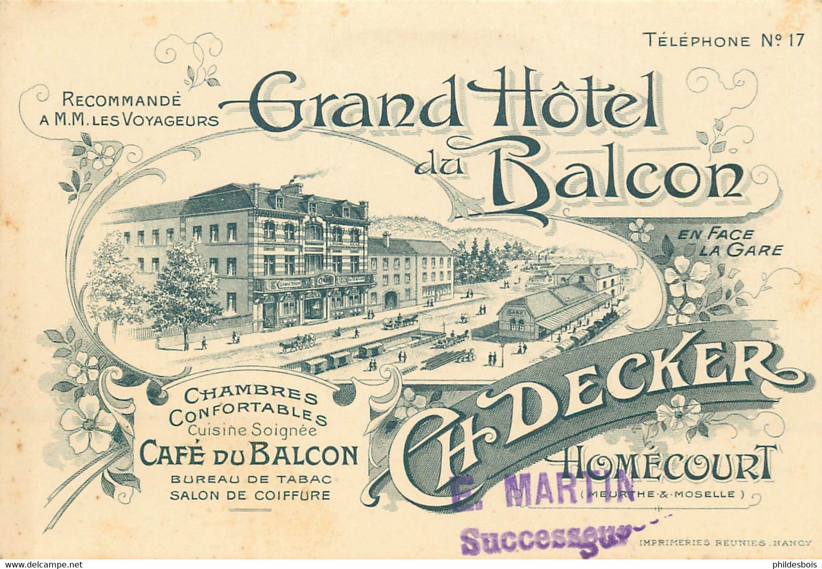 MEURTHE ET MOSELLE  HOMECOURT Grand Hotel Du Balcon CH.DECKER ( Carte Publicitaire De Visite ) - Homecourt