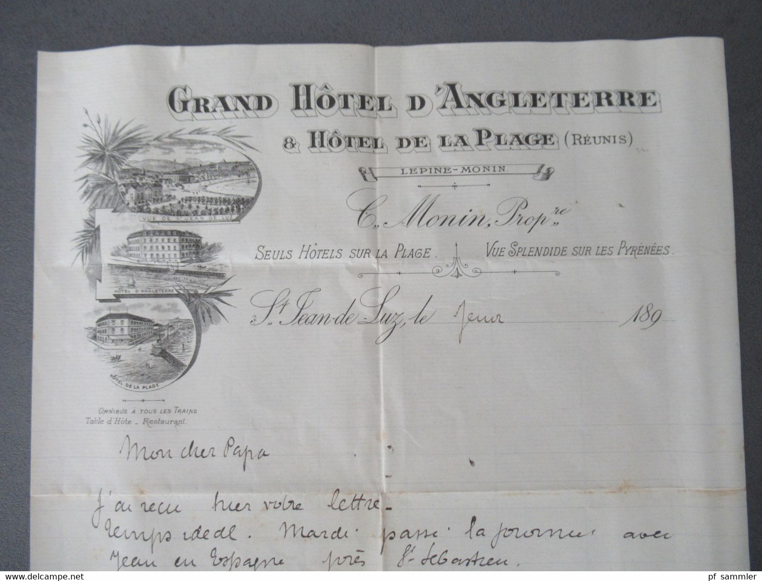 Frankreich 1897 Hotelpost / Hotel Briefpapier Grand Hotel D'Angleterre Hotel De La Plage Reunis St. Jean De Luz - Documentos Del Correo