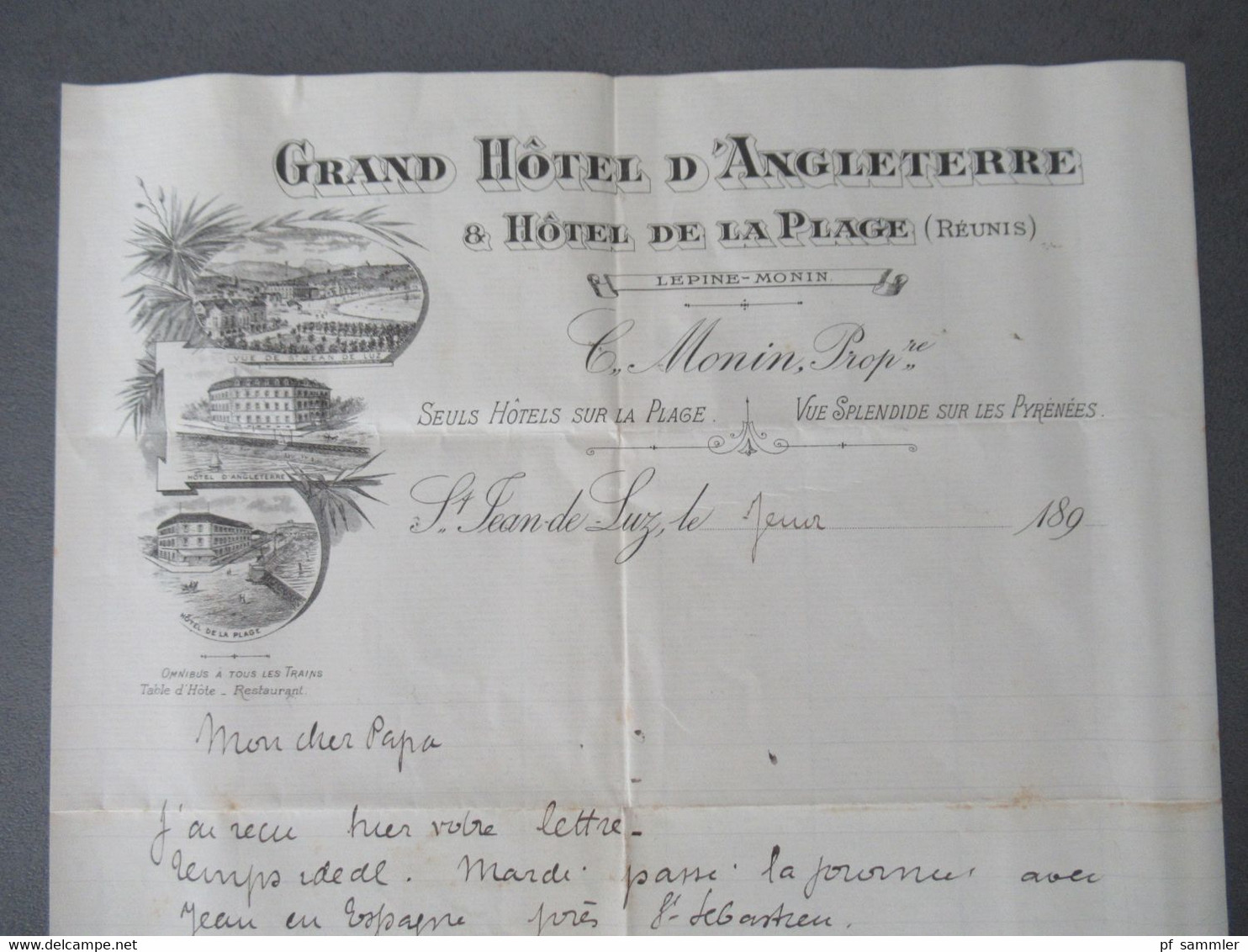 Frankreich 1897 Hotelpost / Hotel Briefpapier Grand Hotel D'Angleterre Hotel De La Plage Reunis St. Jean De Luz - Postdokumente