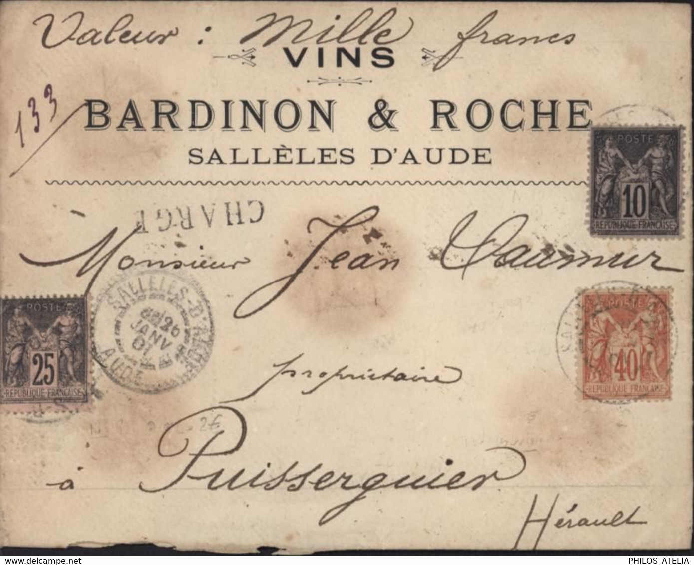 Lettre Recommandée Chargée Entête Vins Bardinon & Roche Sallèles D'Aude YT Sage 94 97 103 CAD Salles D'Aude 26 JAN 01 - 1877-1920: Semi-Moderne