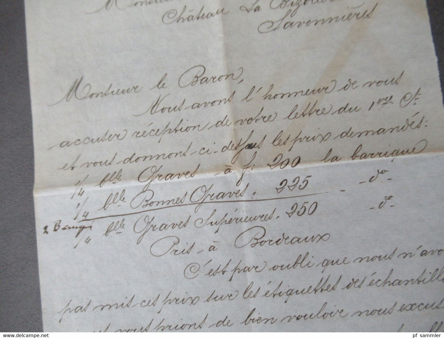 Frankreich 1892 Brief / Inhalt / Rechnung Briefkopf Schröder Freres Bordeaux An Den Baron Brincard Chateau La Bizoliere - Documentos Del Correo