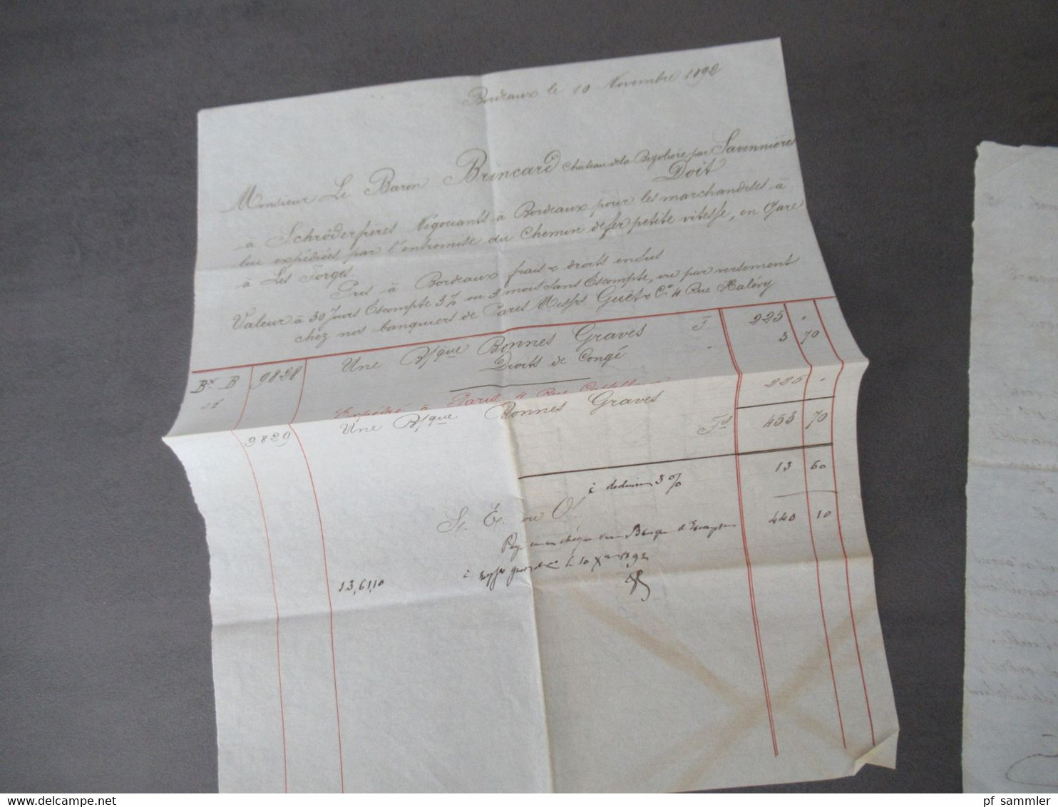 Frankreich 1892 Brief / Inhalt / Rechnung Briefkopf Schröder Freres Bordeaux an den Baron Brincard Chateau la Bizoliere