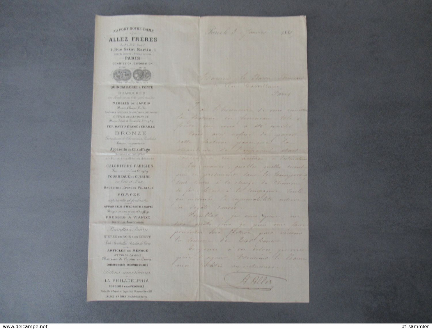 Frankreich 1881 Brief / Inhalt Briefkopf Au Pont Notre Dame Allez Freres Buanderies An Den Baron Brincard - Documentos Del Correo