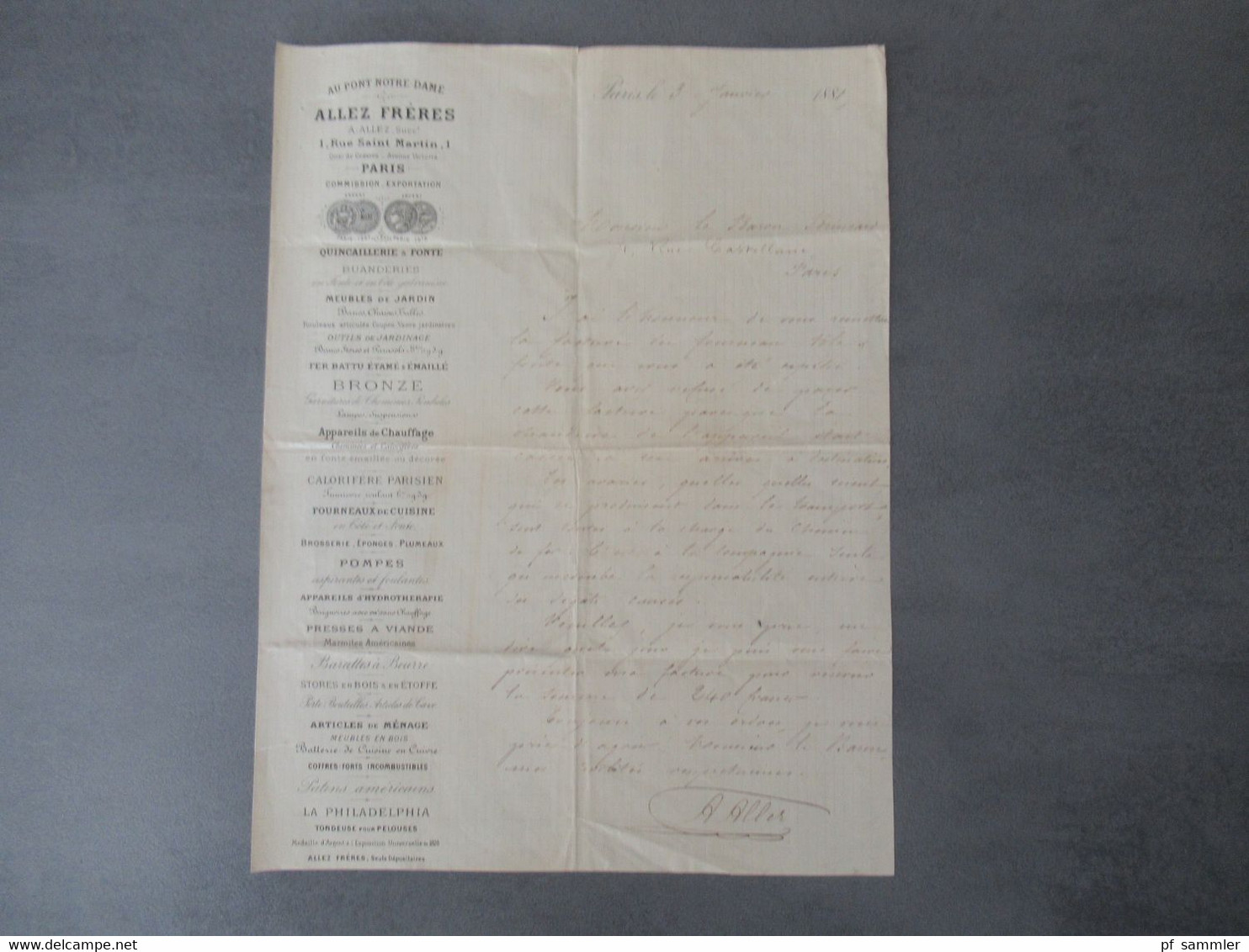 Frankreich 1881 Brief / Inhalt Briefkopf Au Pont Notre Dame Allez Freres Buanderies An Den Baron Brincard - Documents Of Postal Services