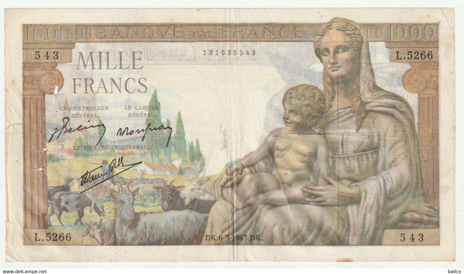 Billet De 1000 Francs - Déesse DEMETER  - 6 - 5 - 1943  France  - N°  L.5266-543 - 1 000 F 1942-1943 ''Déesse Déméter''