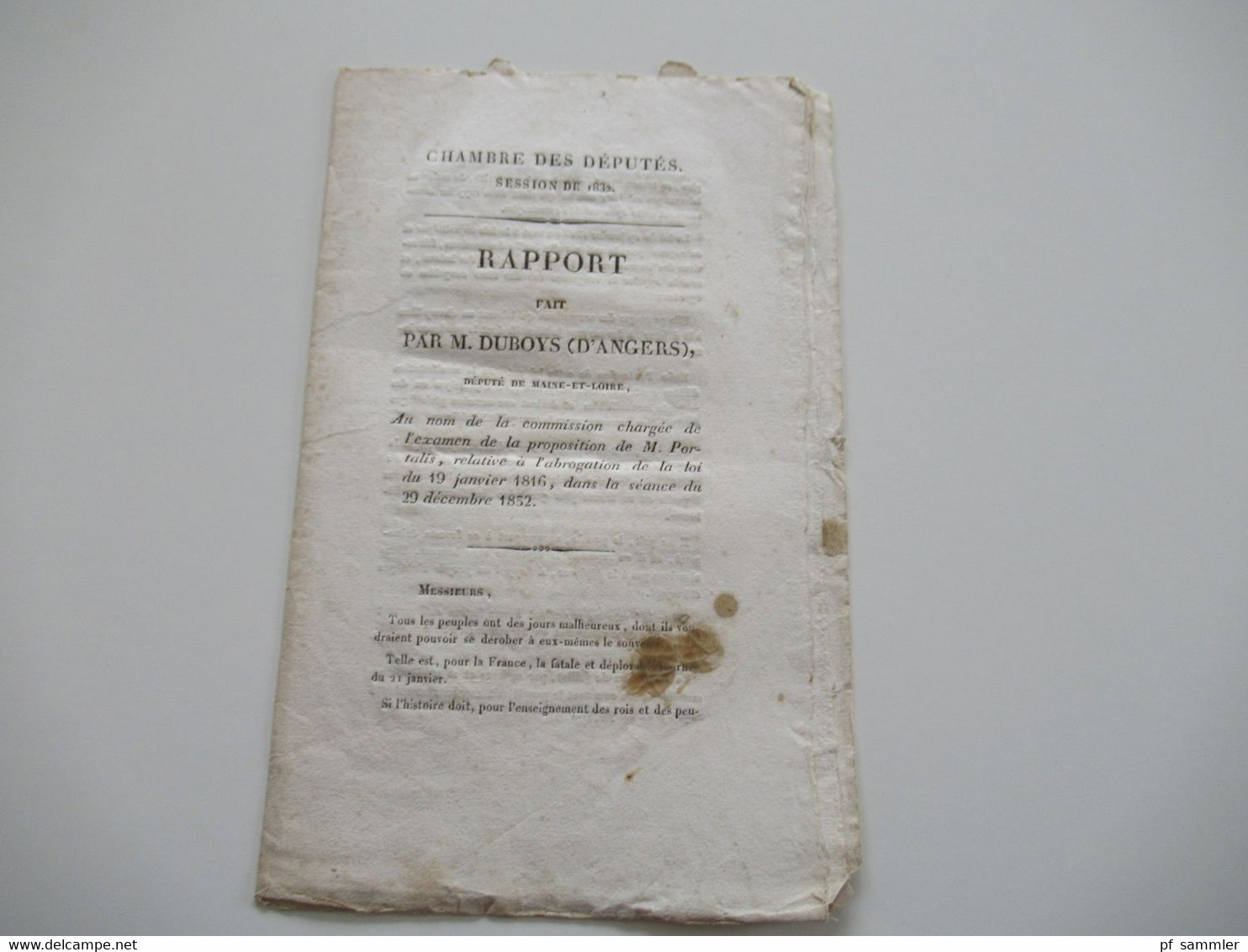 Frankreich 1832 Bericht Chambre Des Deputes / Repräsentantenhaus Rapport Fait Par M. Duboys (D'Angers) - Historical Documents