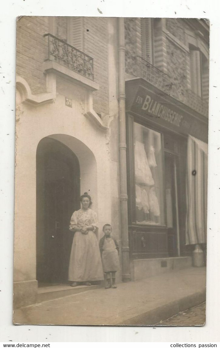 JC, Cp , Carte Photo , Commerce , Blanchisserie , Rue Des Lyonnais ,PARIS 5 éme, Voyagée 1907 , 2 Scans - Winkels