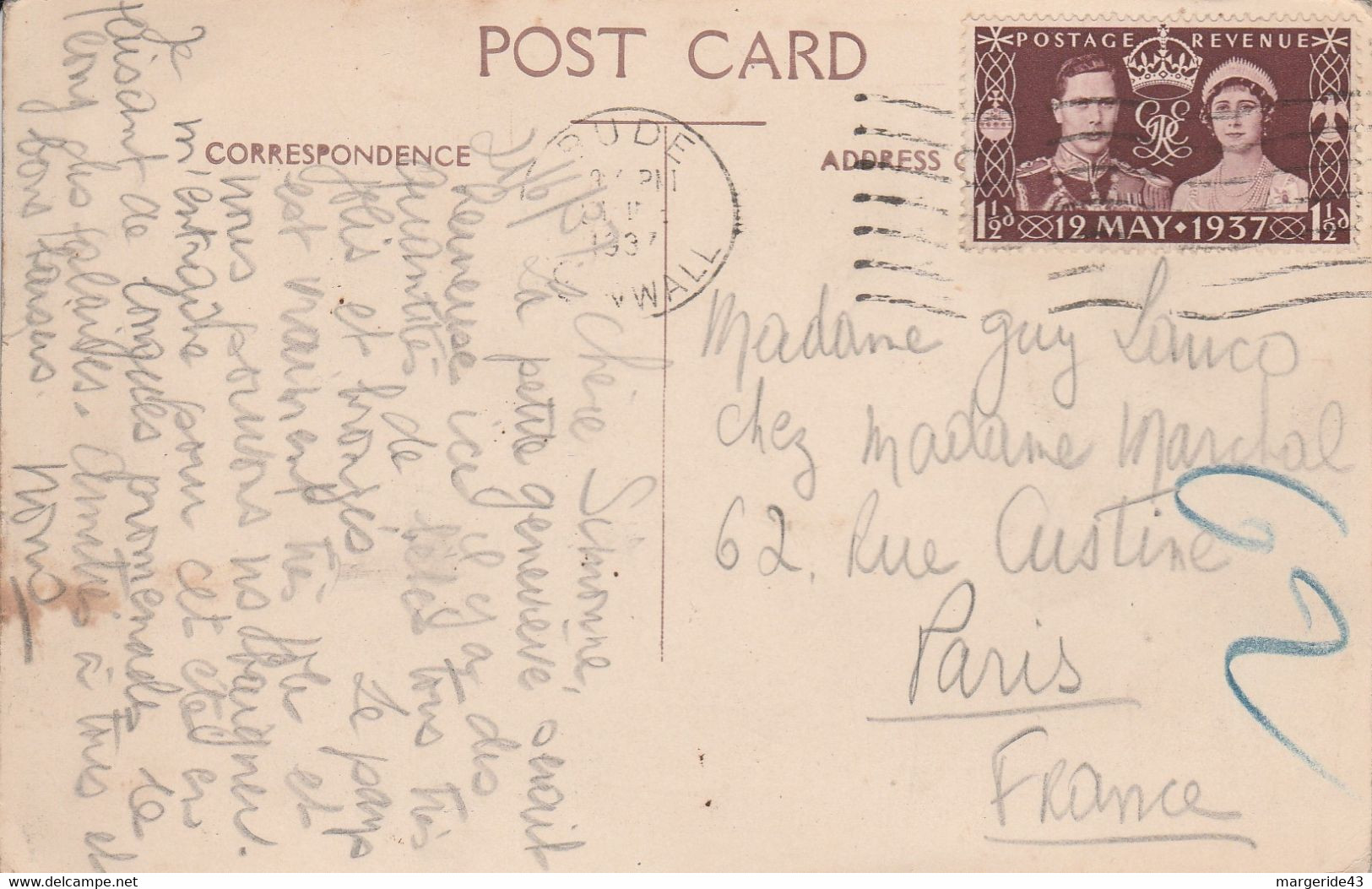 GB SEUL SUR CARTE DE BUDE POUR LA FRANCE 1937 - Lettres & Documents