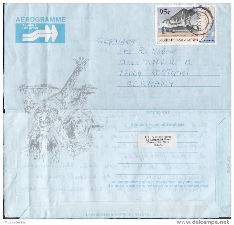 South Africa Air Mail Par Avion Aerogramme BERGVLIET 1995 Cover Brief ROSTOCK Germany Giraffe & Lion Cachet - Luftpost