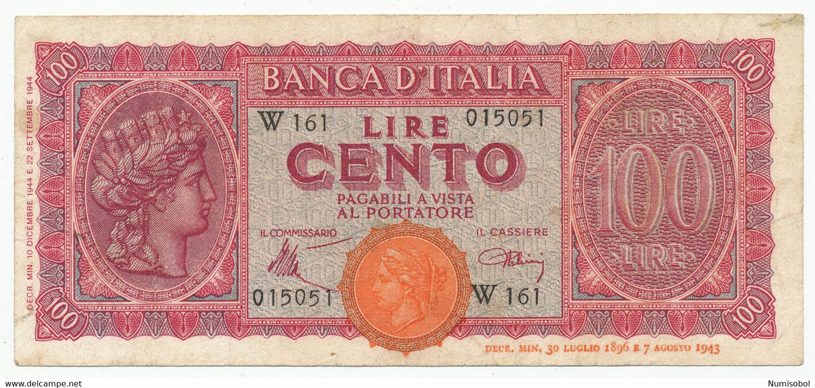 ITALY - 100 Lire 10. 12. 1944. (REPLACEMENT SERIE) Crapanzano: N'21, VF (T124) - 100 Liras