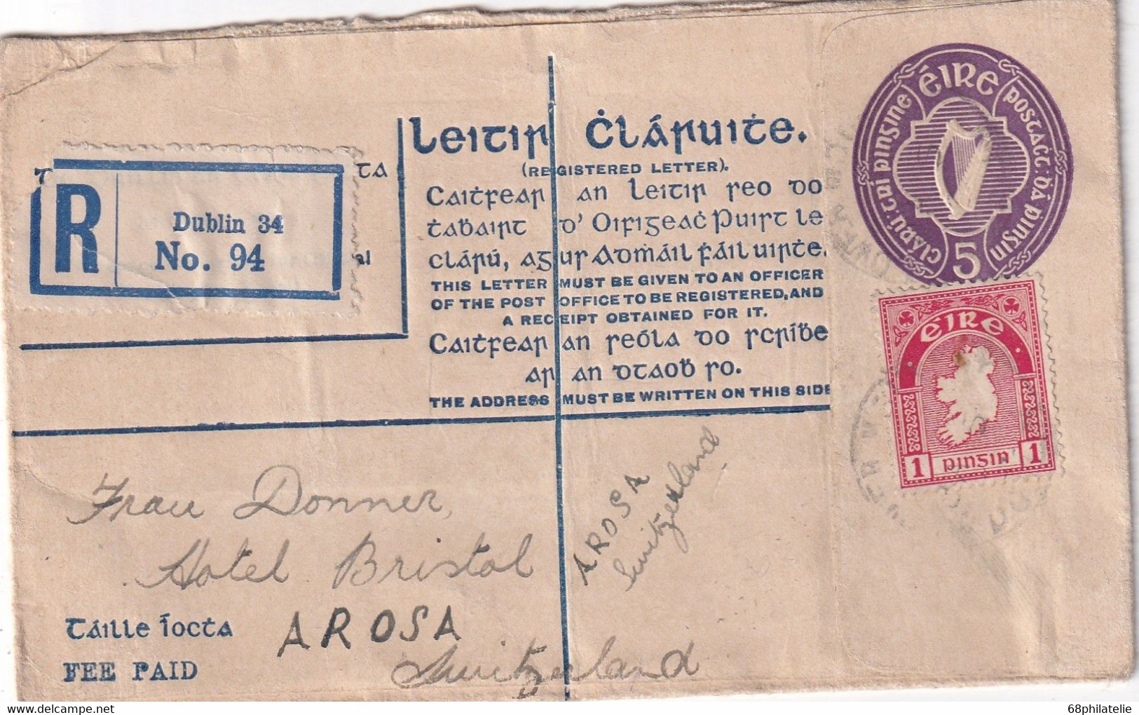 EIRE 1924  ENTIER POSTAL/GANZSACHE/POSTAL STATIONERY LETTRE RECOMMANDEE DE DUBLIN AVEC CACHET ARRIVEE ZURICH - Covers & Documents