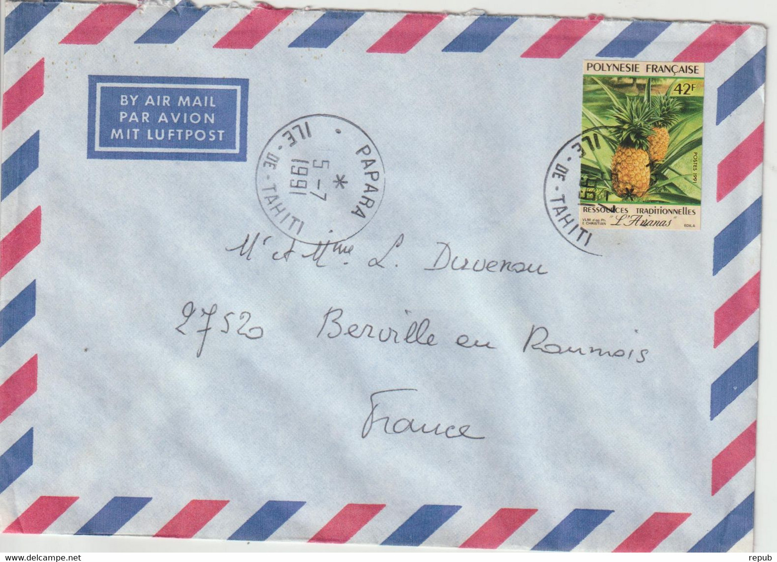 Lettre Polynésie 1991 Pour La France - Lettres & Documents