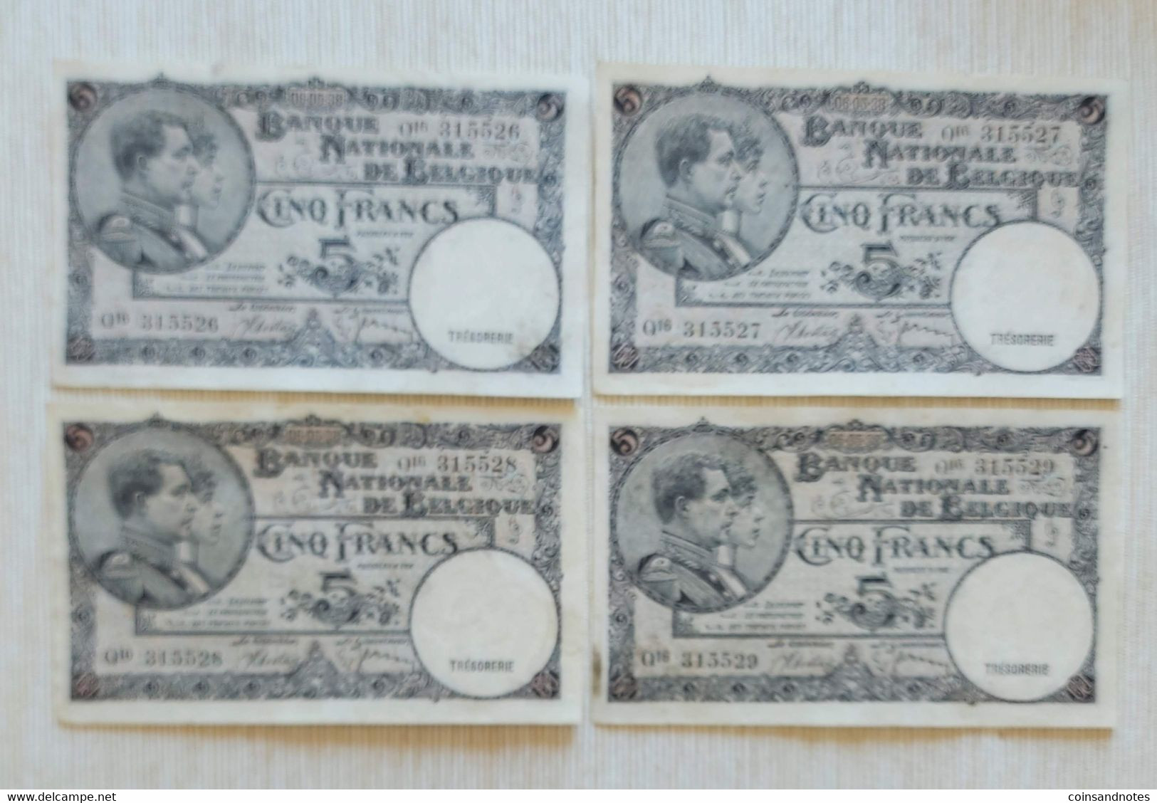 Belgium 1938 - 5Fr “1919" Nationale Reeks - Set 4 Opeenvolgende Nummers - Morin 12 - 5 Francos